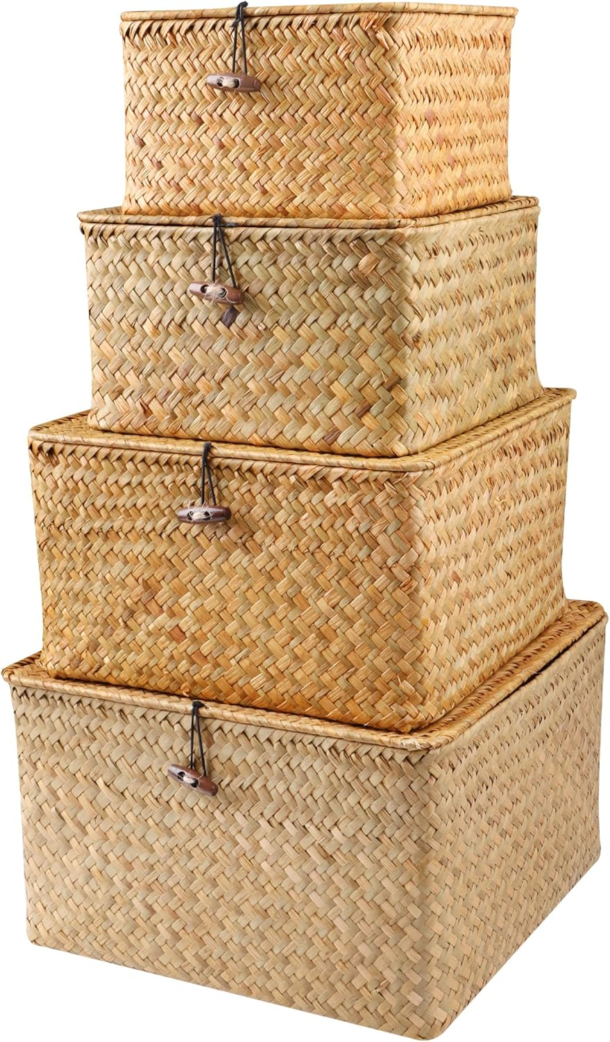 Wicker Shelf Baskets with Lid, Handwoven Seagrass Storage Basket Bins Square Gift Boxes for Shelves Home Decor Organizer (Natural, Set of 4)