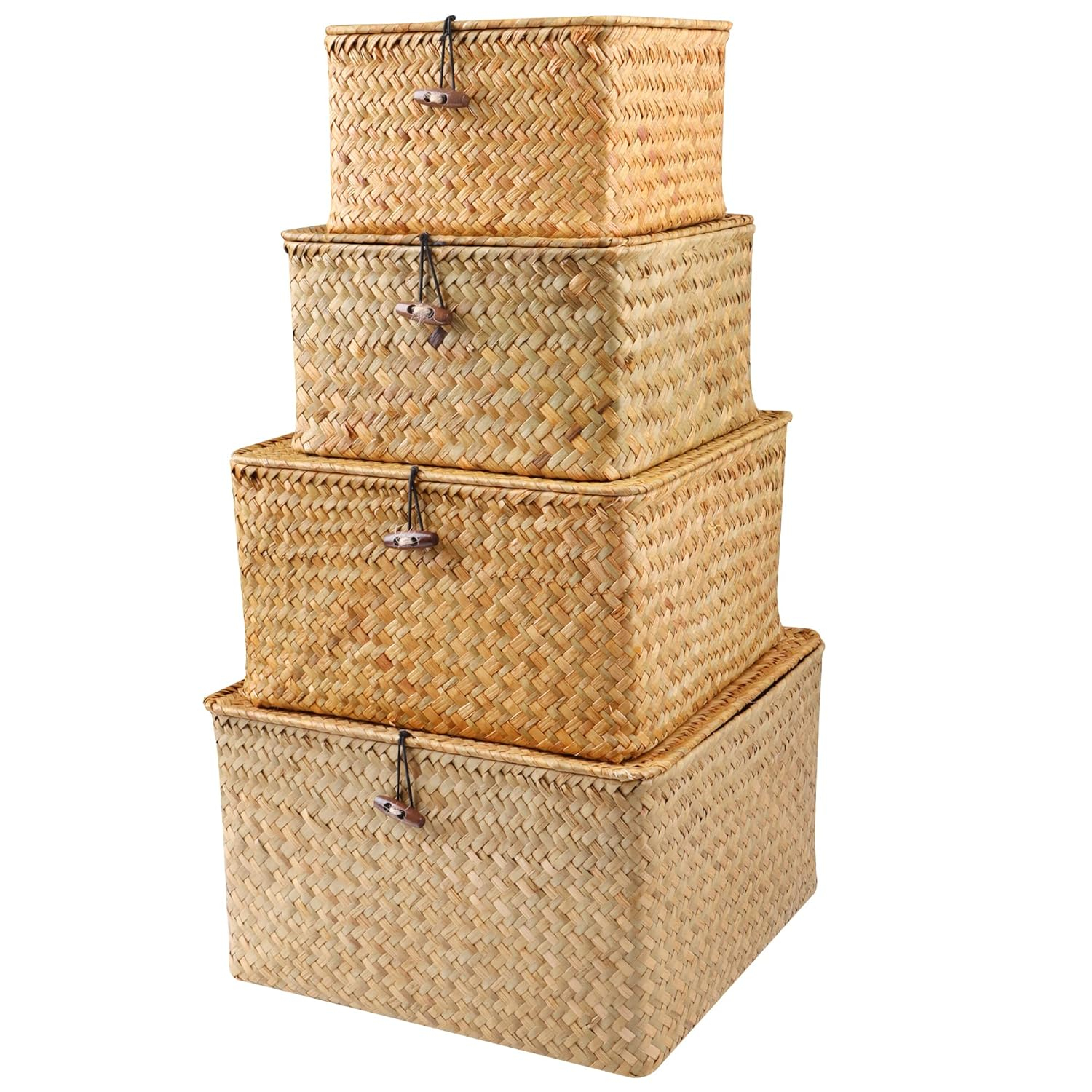 Wicker Shelf Baskets with Lid, Handwoven Seagrass Storage Basket Bins Square Gift Boxes for Shelves Home Decor Organizer (Natural, Set of 4)