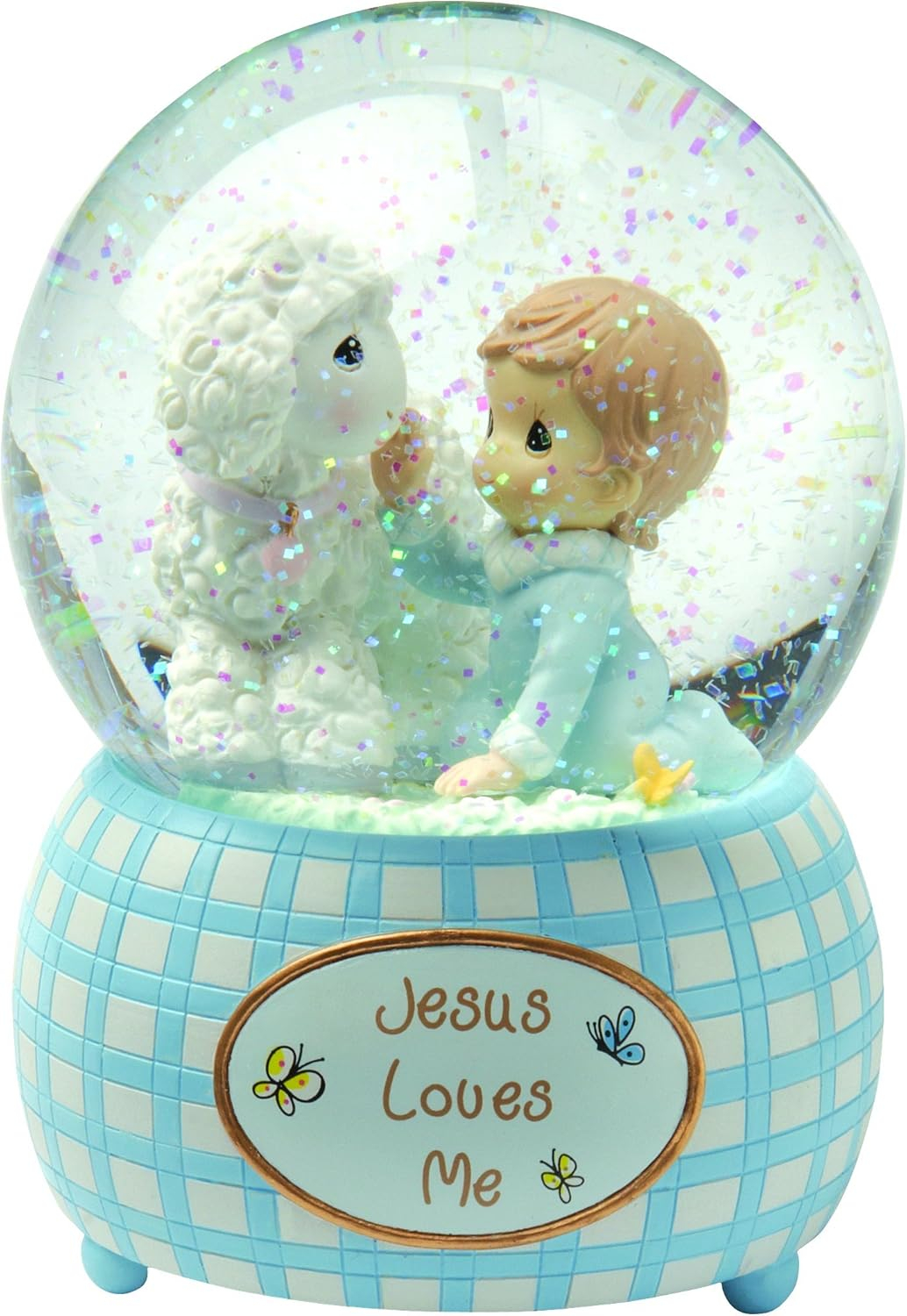 Blue and White Resin Jesus Loves Me Snow Globe