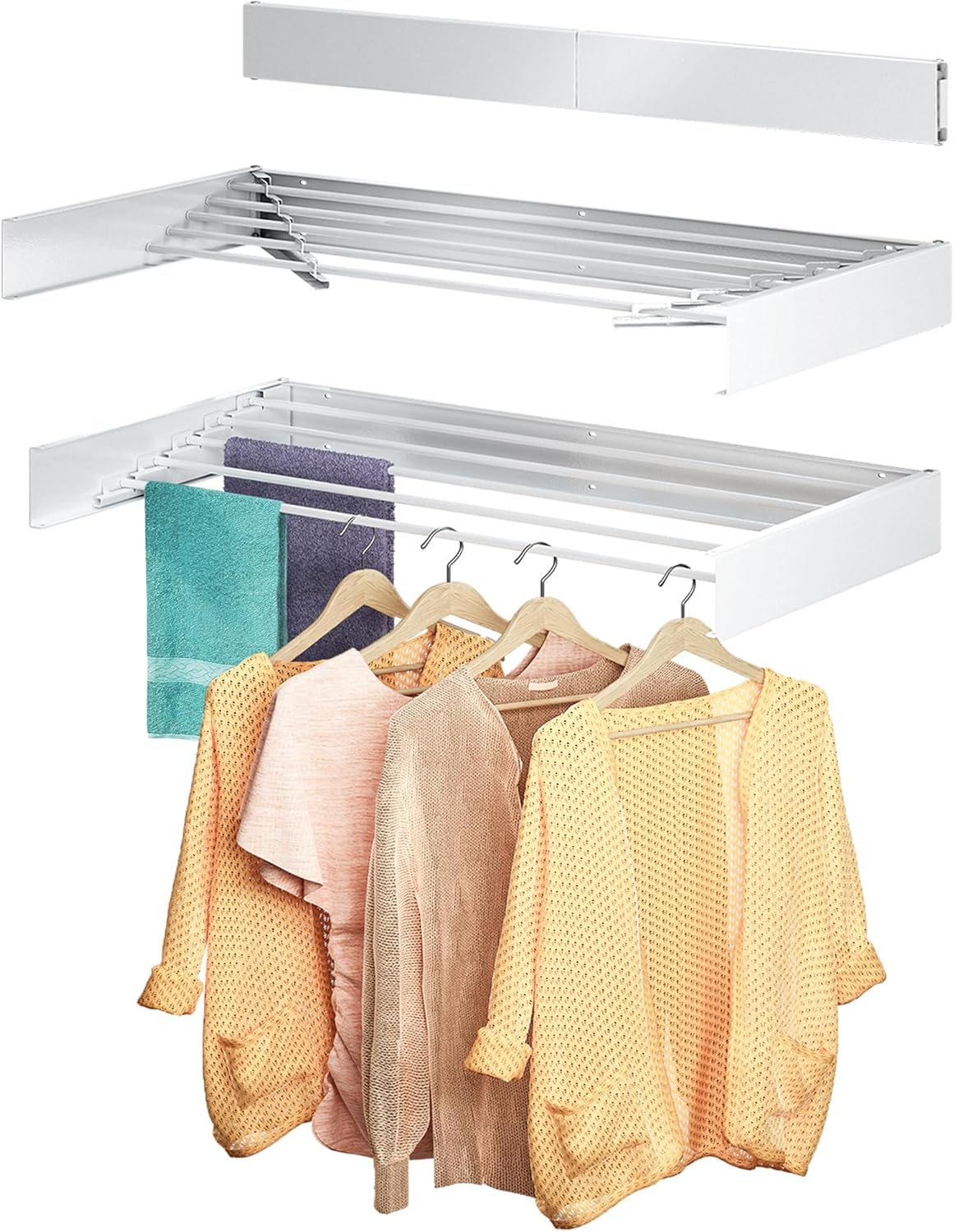 Wall Mounted Drying Rack with Top Shelf, 31.5 Inch Wide Drying Rack with 5 Aluminum Poles, 60 lbs Capacity, Suitable for Swimming Pools, Bathrooms, Living Rooms, Indoor Outdoor