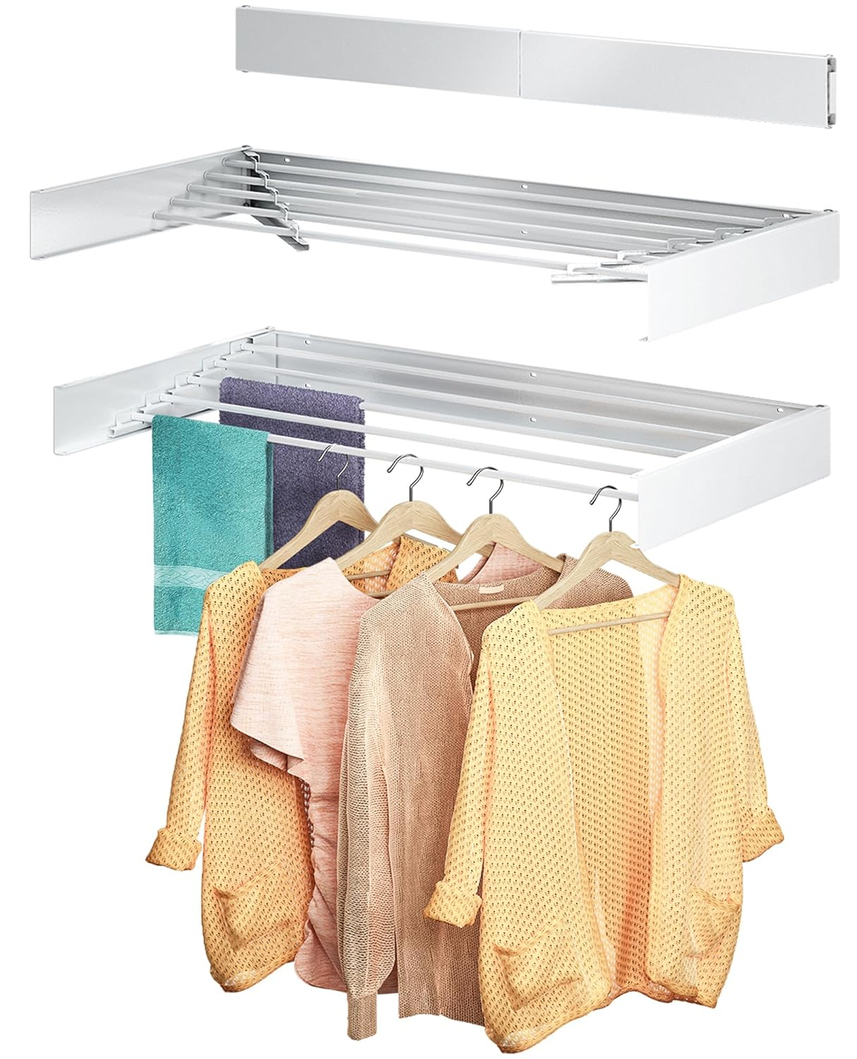 Wall Mounted Drying Rack with Top Shelf, 31.5 Inch Wide Drying Rack with 5 Aluminum Poles, 60 lbs Capacity, Suitable for Swimming Pools, Bathrooms, Living Rooms, Indoor Outdoor