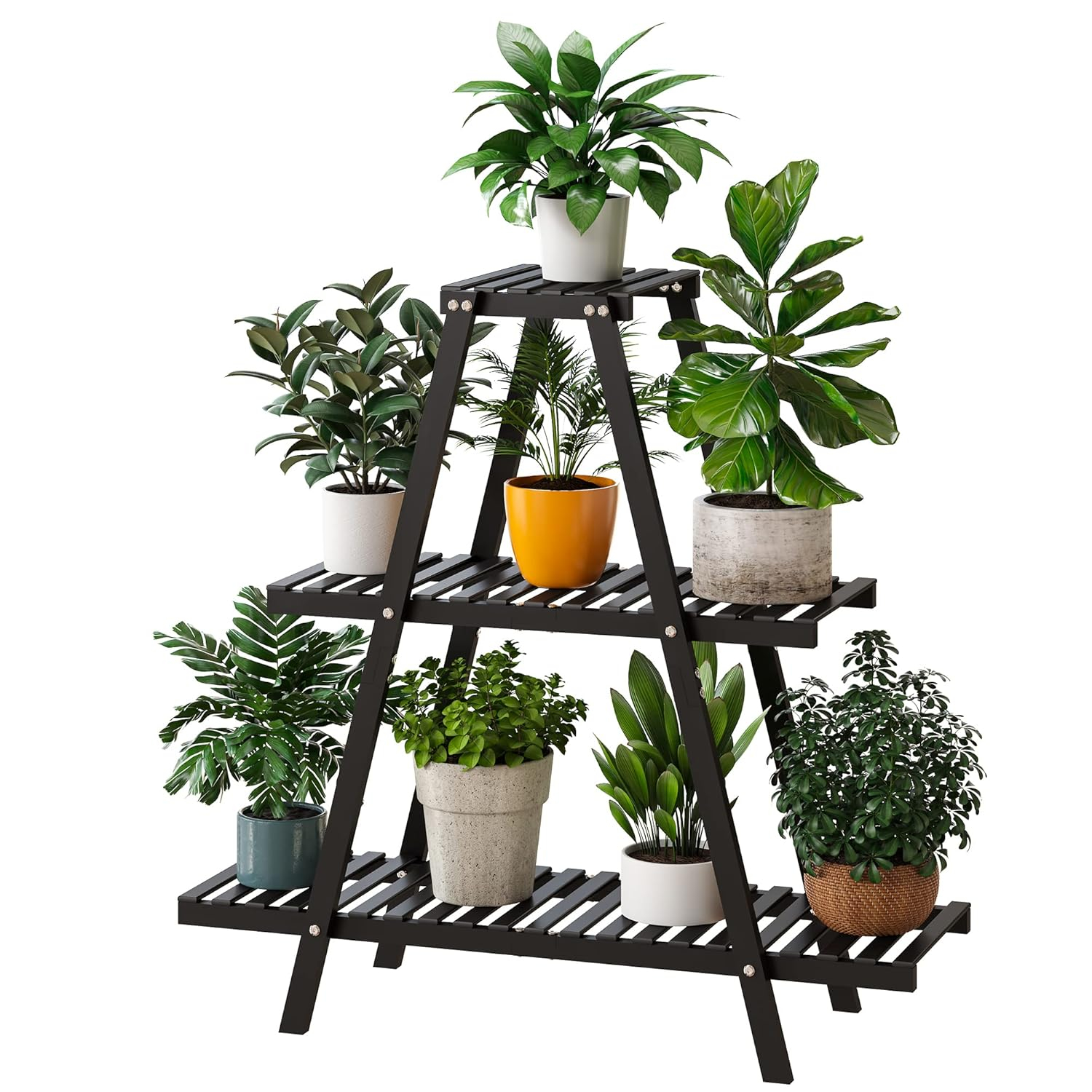 Bamboo Plant Stand Indoor/Outdoor, 3-Tier, Black, Rectangular, 8 Potted Flower Holder Ladder Plant Rack