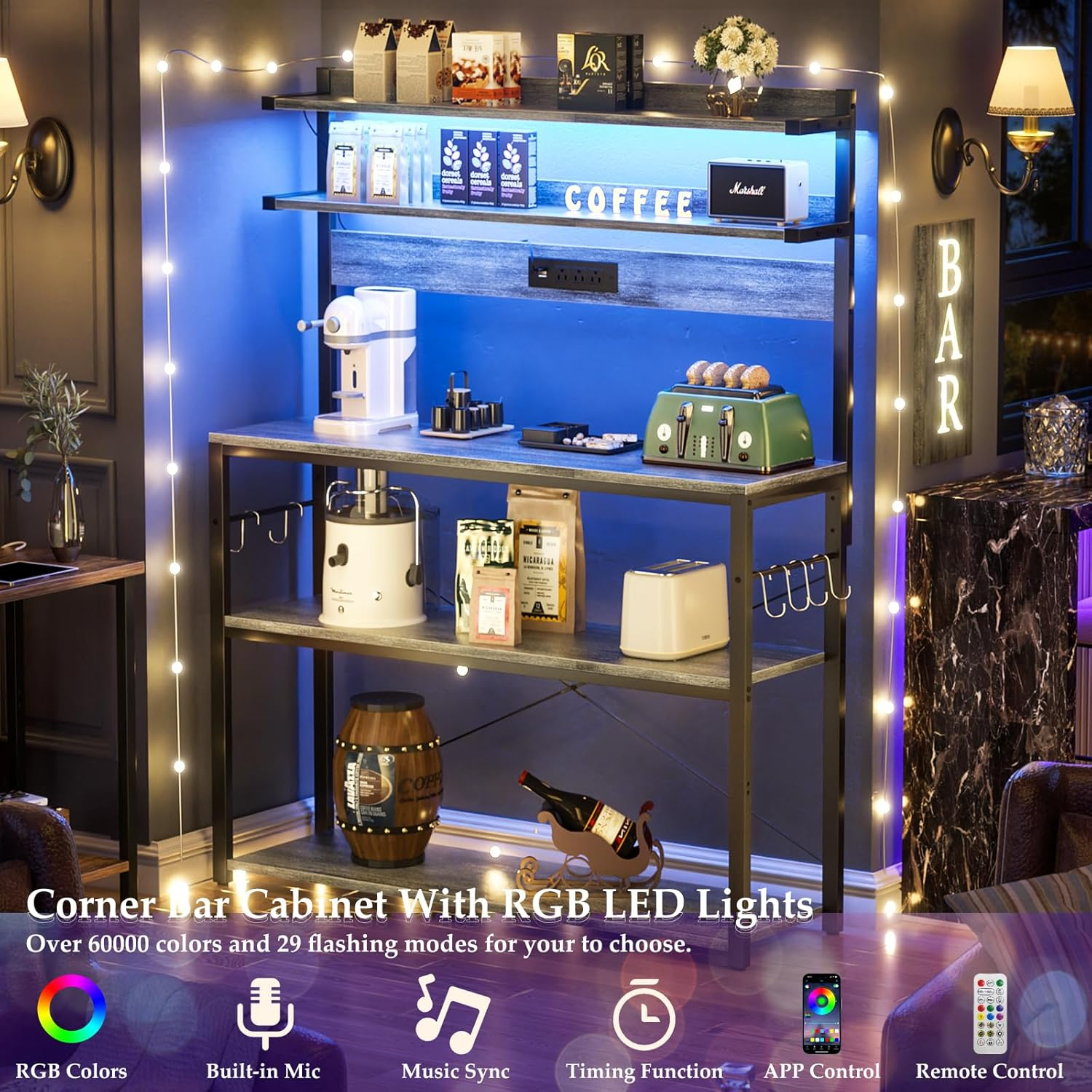 White Oak Kitchen Bakers Rack with LED Lights and Power Outlets