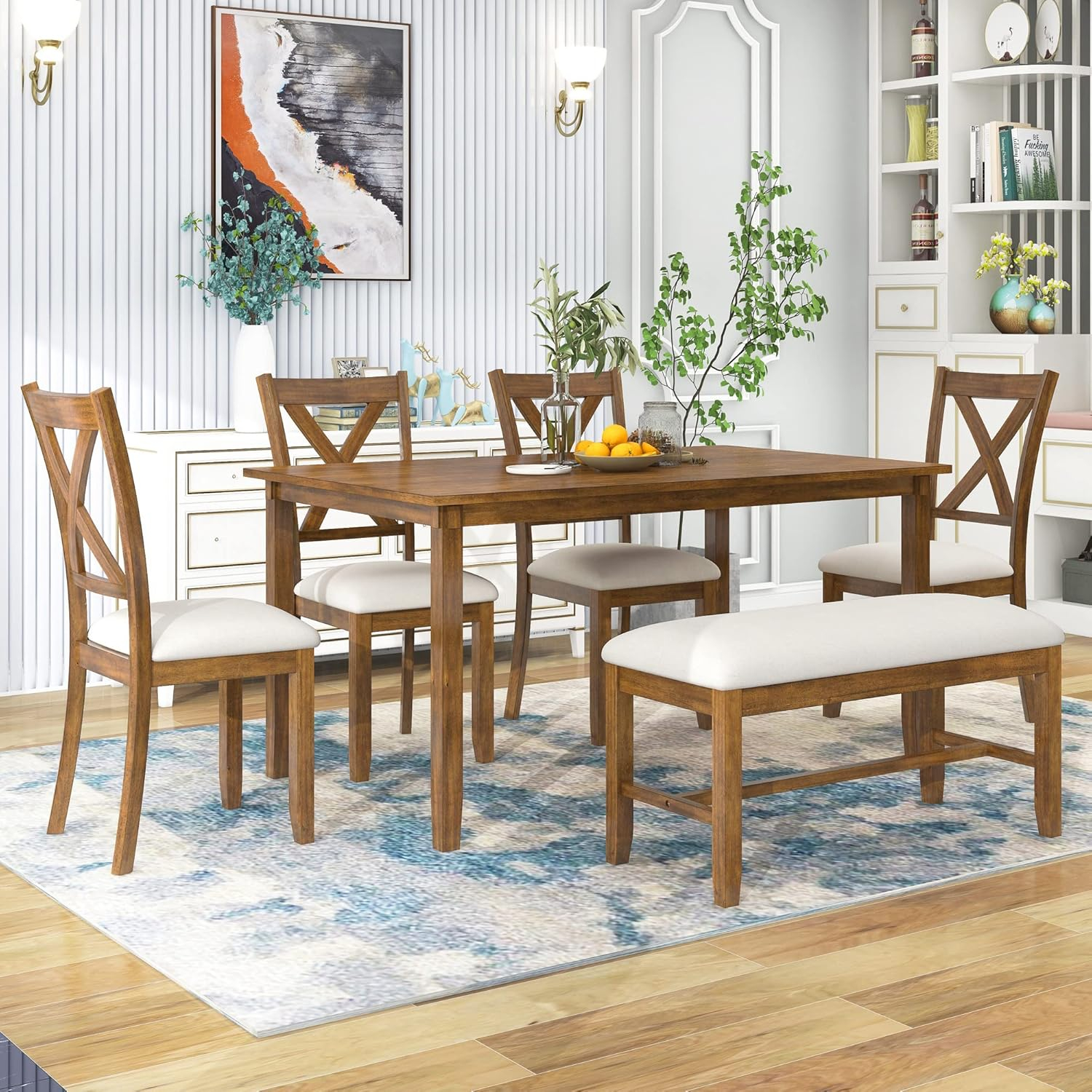 Dining Table Set for 6, 6 Piece Wood Kitchen Table Set, Dining Table and Chairs Set, Home Furniture Table Set with Chairs & Bench, Natural Wood Wash