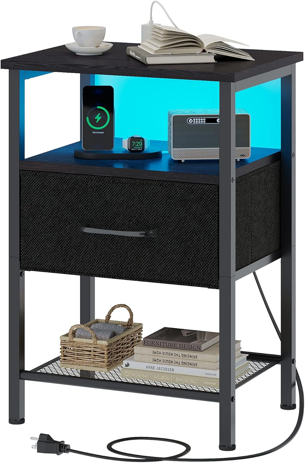 End Table with Charging Station, Narrow Side Table with 2 Fabric Drawers, Skinny Nightstand with LED Light, Slim Bedside Table for Bedroom, Living Room, Small Spaces, White