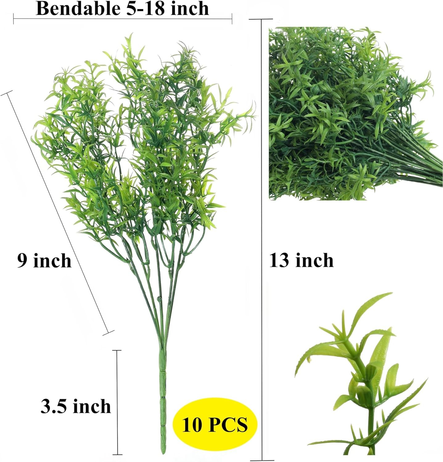 Asparagus Artificial Plants Real Touch Plastic Bush Greenery Faux Shrubs - 10pcs Bulk (Dark Green)
