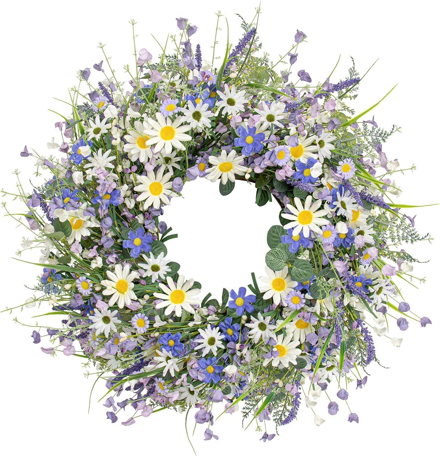 22 Inches Spring Wreaths for Front Door Blue Spring Door Wreath Summer Floral Wreath with Wildflower Lanvender for Wall Porch Indoors Outdoor Window Home Decorations