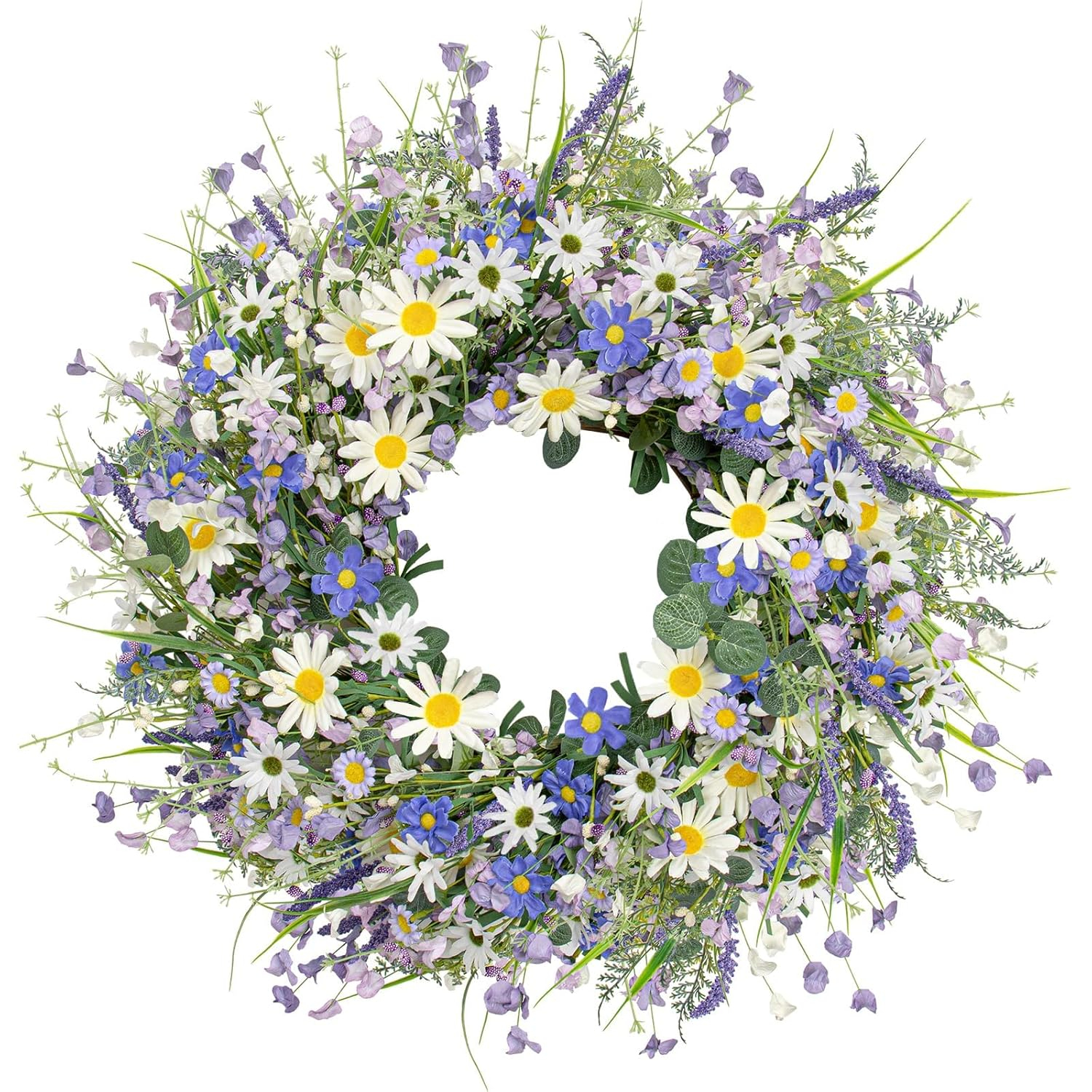 22 Inches Spring Wreaths for Front Door Blue Spring Door Wreath Summer Floral Wreath with Wildflower Lanvender for Wall Porch Indoors Outdoor Window Home Decorations