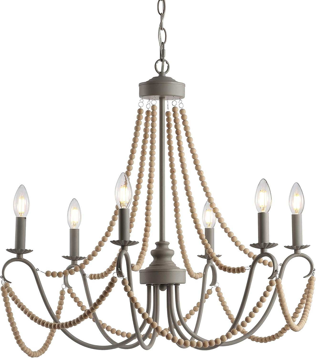 Rustica 6-Light 27" Adjustable Greige Metal/Wood Bead LED Chandelier, Grey/Natural