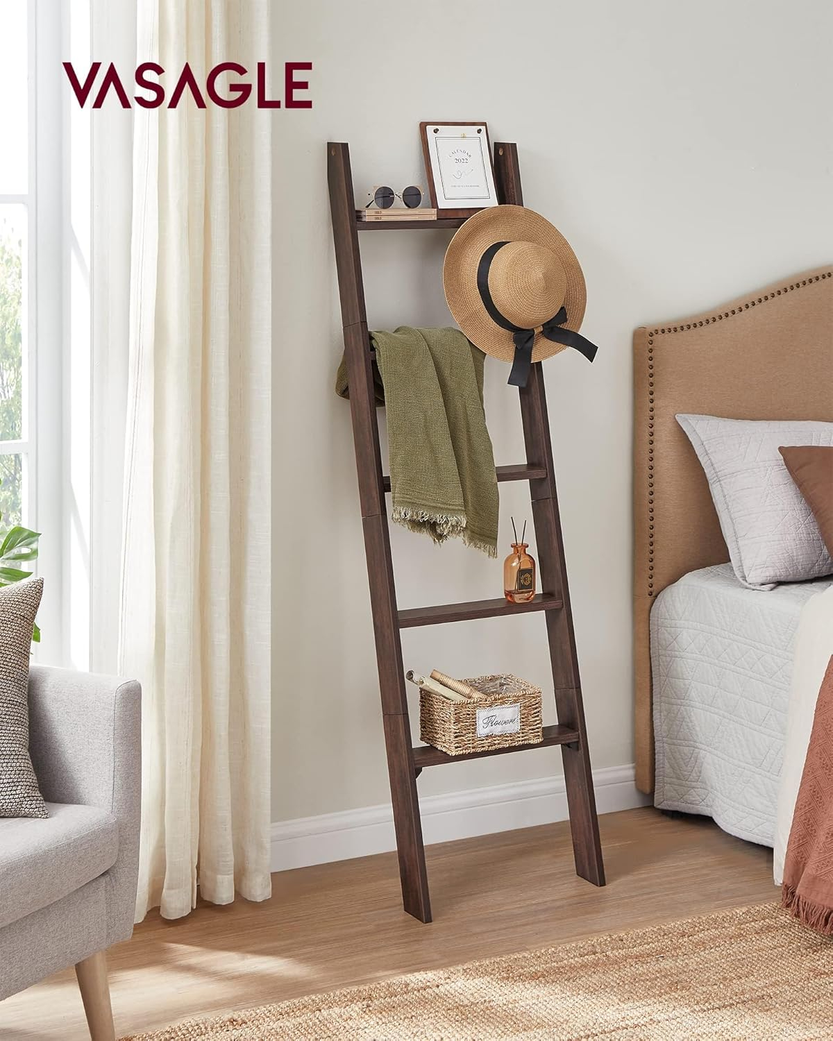 Maroon Brown 5-Tier Rustic Particleboard Blanket Ladder