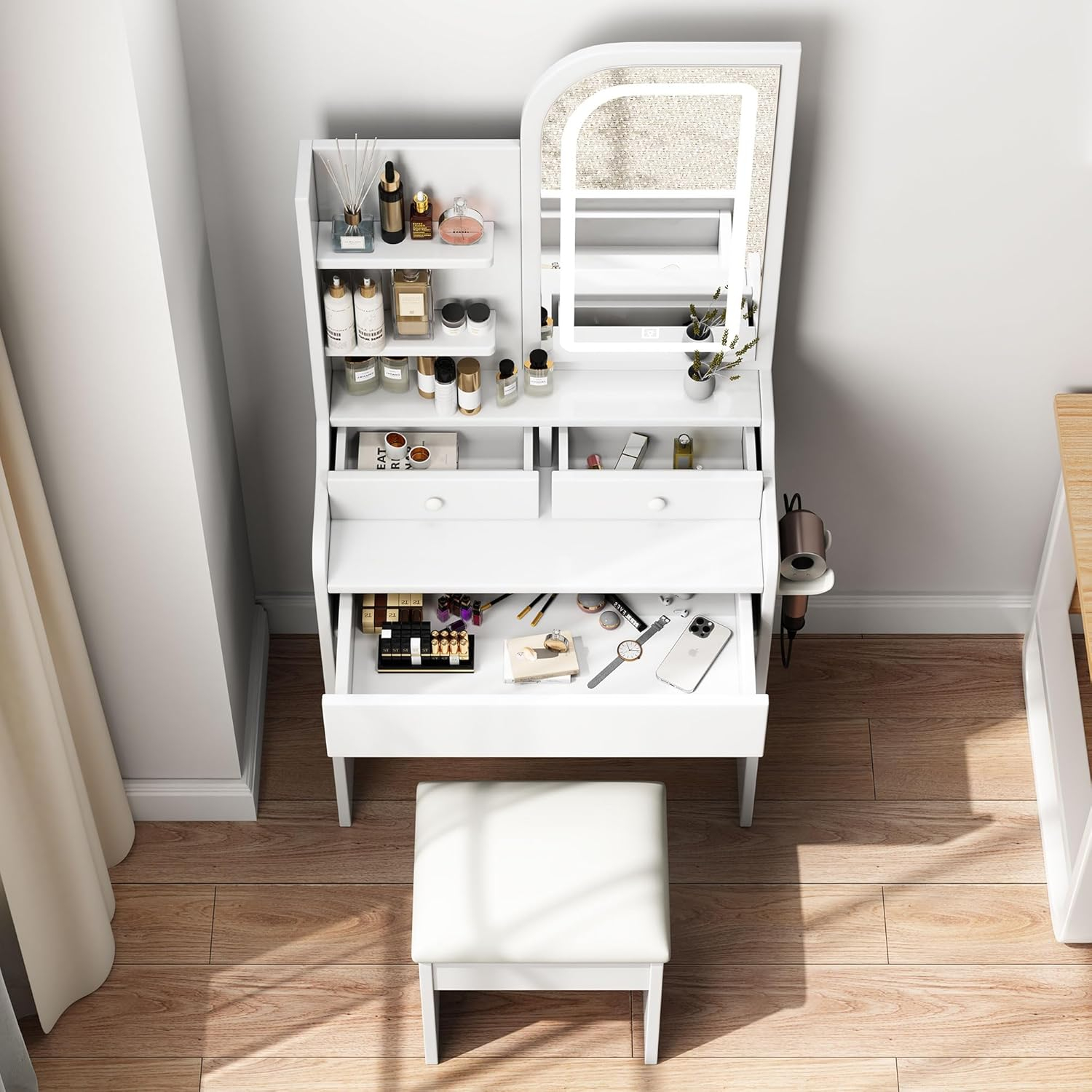 Small Vanity Desk Set with Power Outlet, Mini White Makeup Vanity with Mirror and Lights, Cute Dressing Table with Stool for Small Space