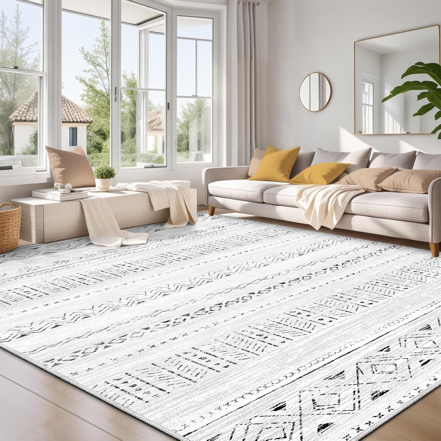 Large Living Room Area Rug 9x12: Soft Machine Washable Boho Moroccan Farmhouse Rugs for Bedroom Under Dining Table - Non-Slip Neutral Morden Indoor Floor Rug Carpet for Home Office Decor - Grey