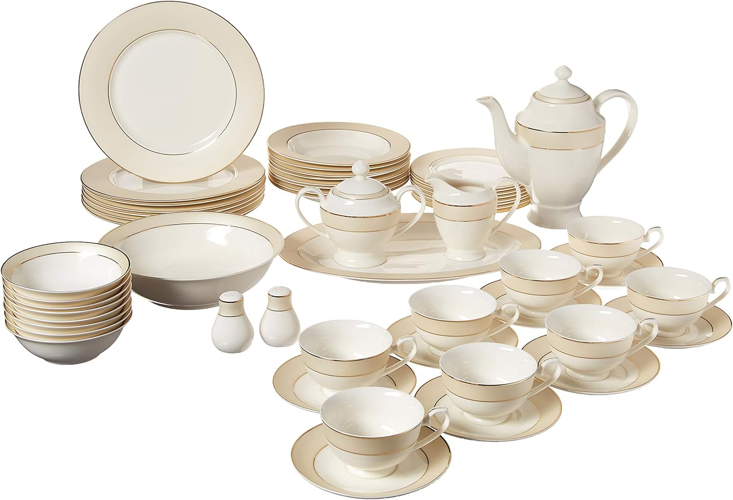 Lorren Home Trends La Luna Bone China 57-Piece Beige Border with 24K Gold Trim Dinnerware Set, Service for 8
