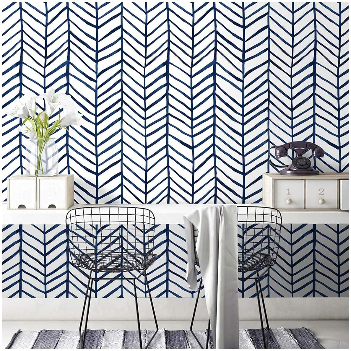 HAOKHOME Blue Wallpaper Navy Peel and Stick Wall Paper Modern Stripe for Bathroom Herringbone Removable Decoration 17.7in x 32.8ft
