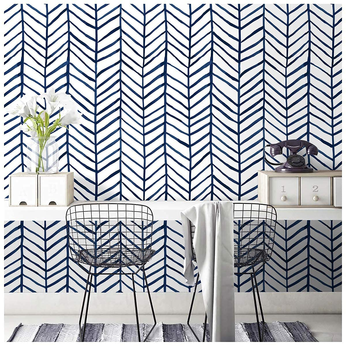 HAOKHOME Blue Wallpaper Navy Peel and Stick Wall Paper Modern Stripe for Bathroom Herringbone Removable Decoration 17.7in x 32.8ft