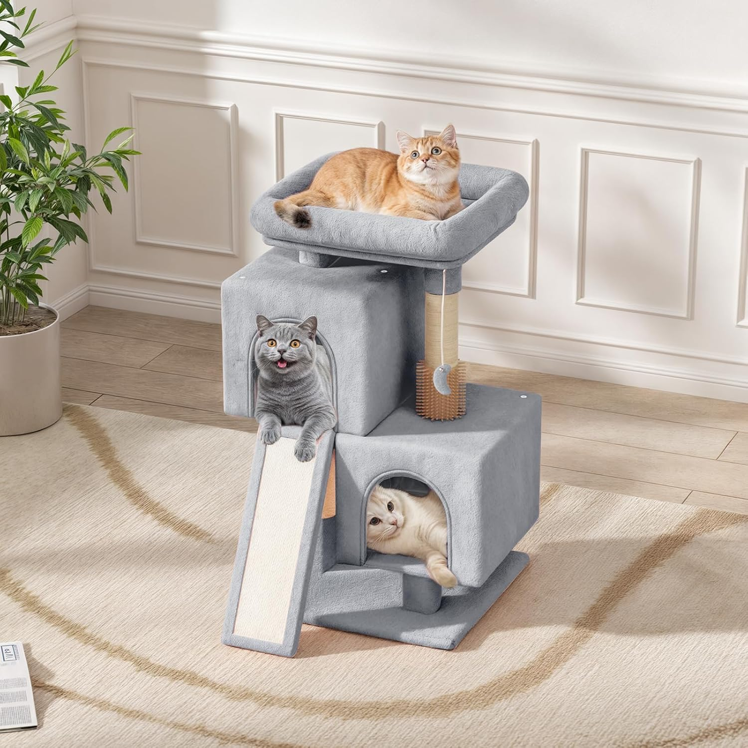 Magshion 34-in Cat Tree & Kittens Play House, Double Level Plush Cat Condo for Indoor Cats, Light Gray