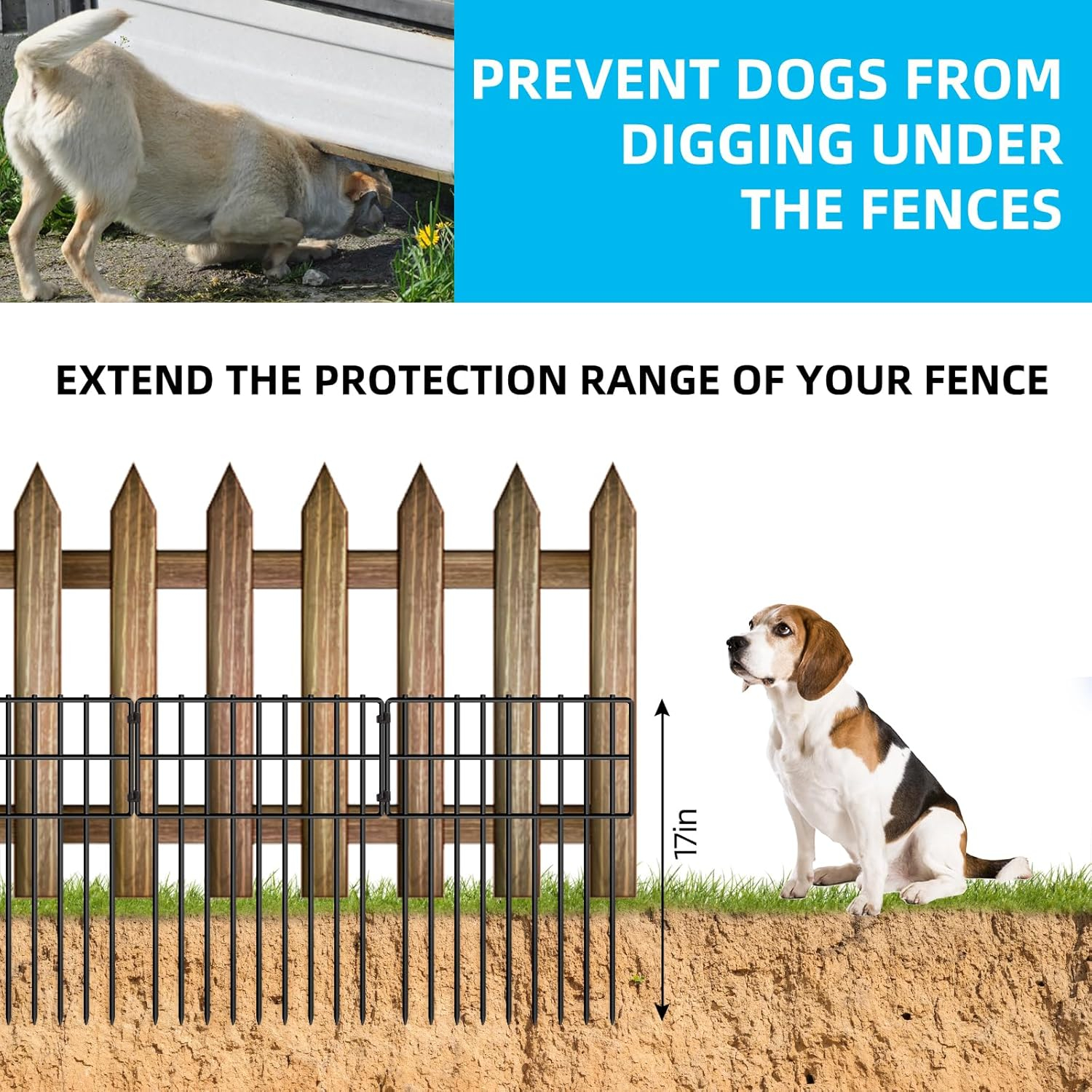 10 Panels Garden Fencing Animal Barrier, 17in (H) X 10.8ft (L) Dog Dig Fence Barrier, 1.25in Gap Rustproof Metal Stakes Decorative Garden Fence, Ground Defense Border Fence for Outdoor, Yard, Patio