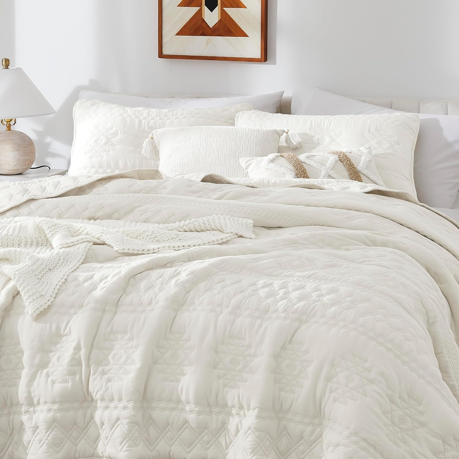 WDCOZY Boho Ivory Oversized California Cal King Size Quilt Bedding Sets with 2 Pillow Shams, Cream White Farmhouse Lightweight Soft Bedspread Coverlet for All Season, 3 Pieces