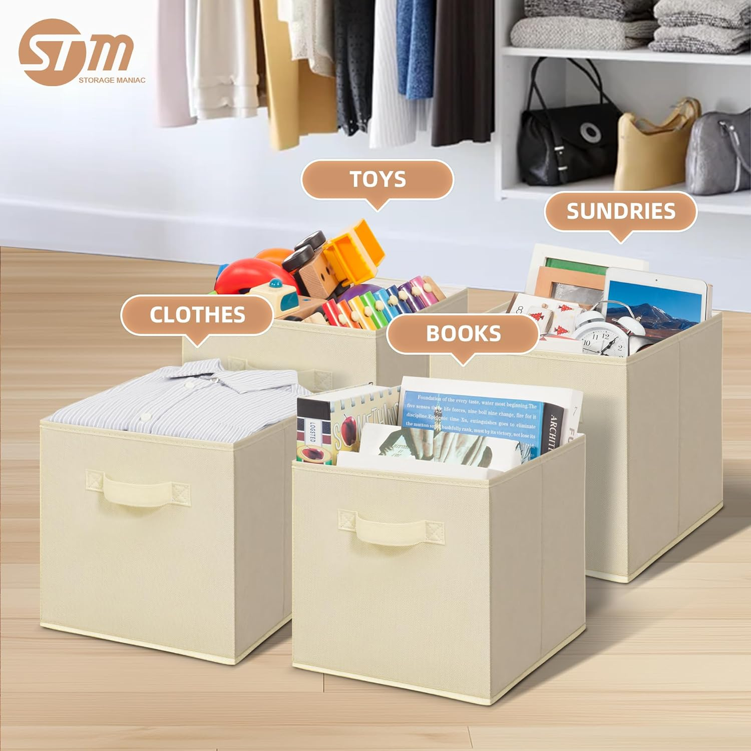STORAGE MANIAC Storage Cubes, 11 Inch Collapsible Storage Bins with Handles, 4 Pack Fabric Foldable Bins for Organization, Durable Storage Bins for Closet, Shelves, Offices, Toys, 4-Pack Beige