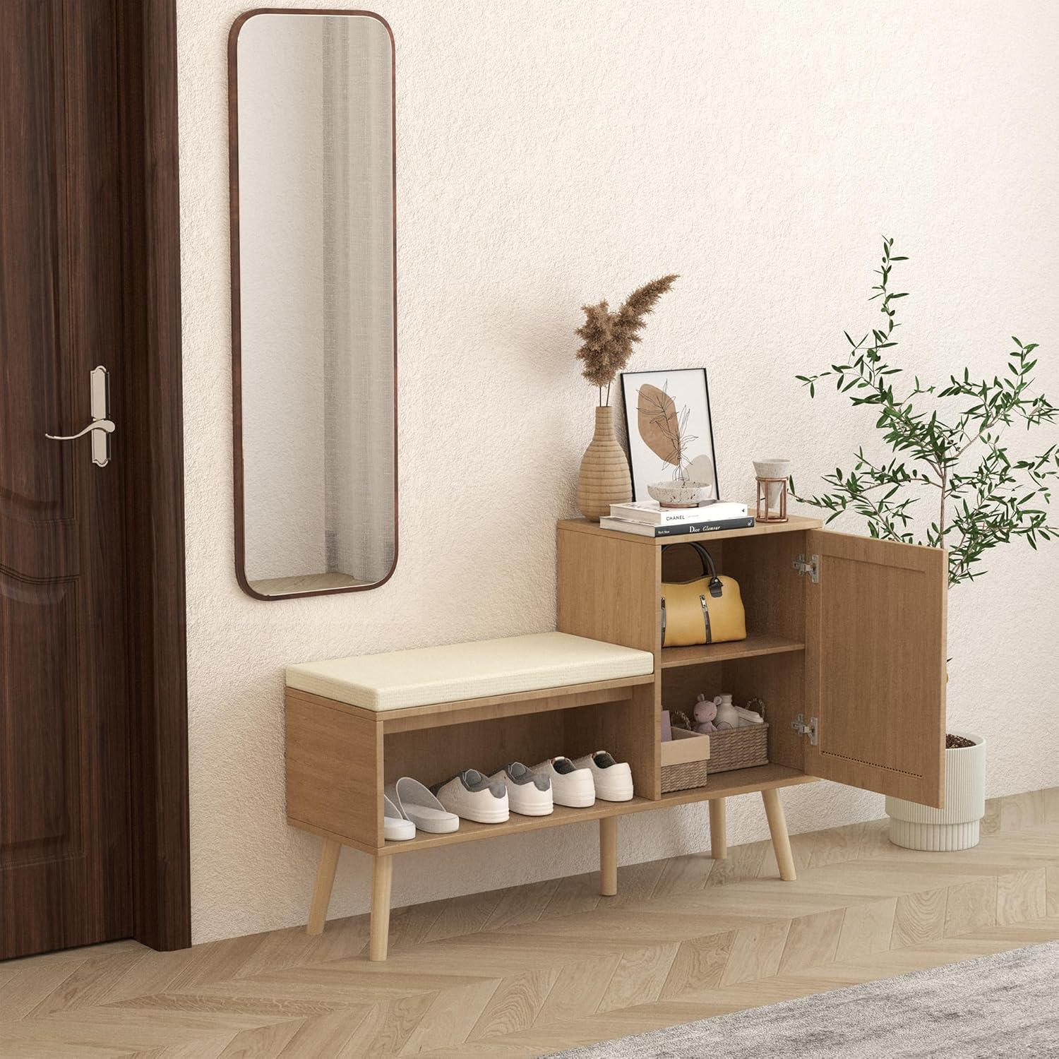 Natural Rattan Wood Shoe Storage Bench with Removable Cushion