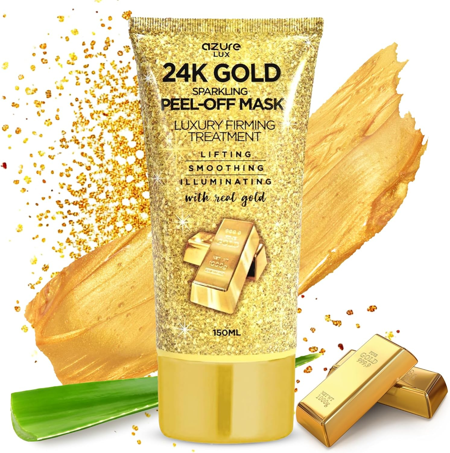 AZURE 24K Gold Firming Peel Off Face Mask- Anti Aging, Lifting, Illuminating & Revitalizing - Removes Blackheads, Dirt & Oils - With Hyaluronic Acid and Collagen - Skin Care Made in Korea - 150mL / 5.