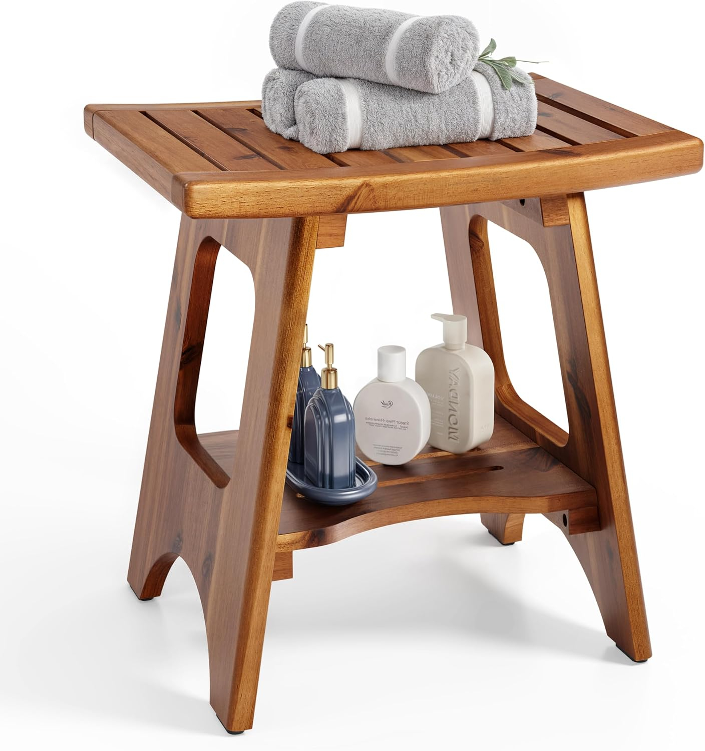 HOLANA 18" Acacia Shower Bench for Inside Shower - Wooden Shower Stool Benches Waterproof for Shaving Legs - Bench Seat with Storage Towel Shelf for Bathroom - Tub Bench Chair Spa Bath (Acacia Wood)