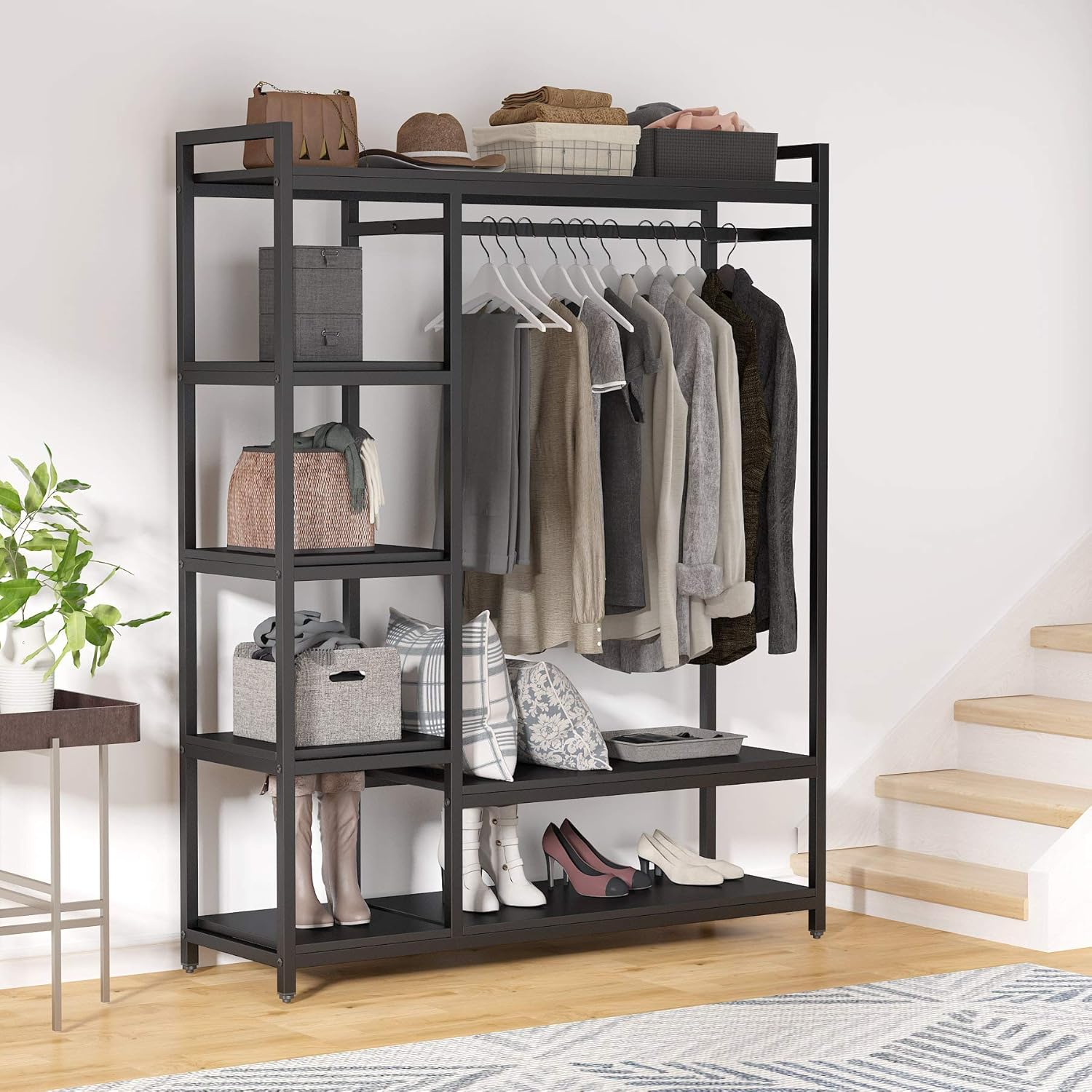 Tribesigns Free-standing Closet Organizer Garment Rack with 6 Storage Shelves and Hanging Bar