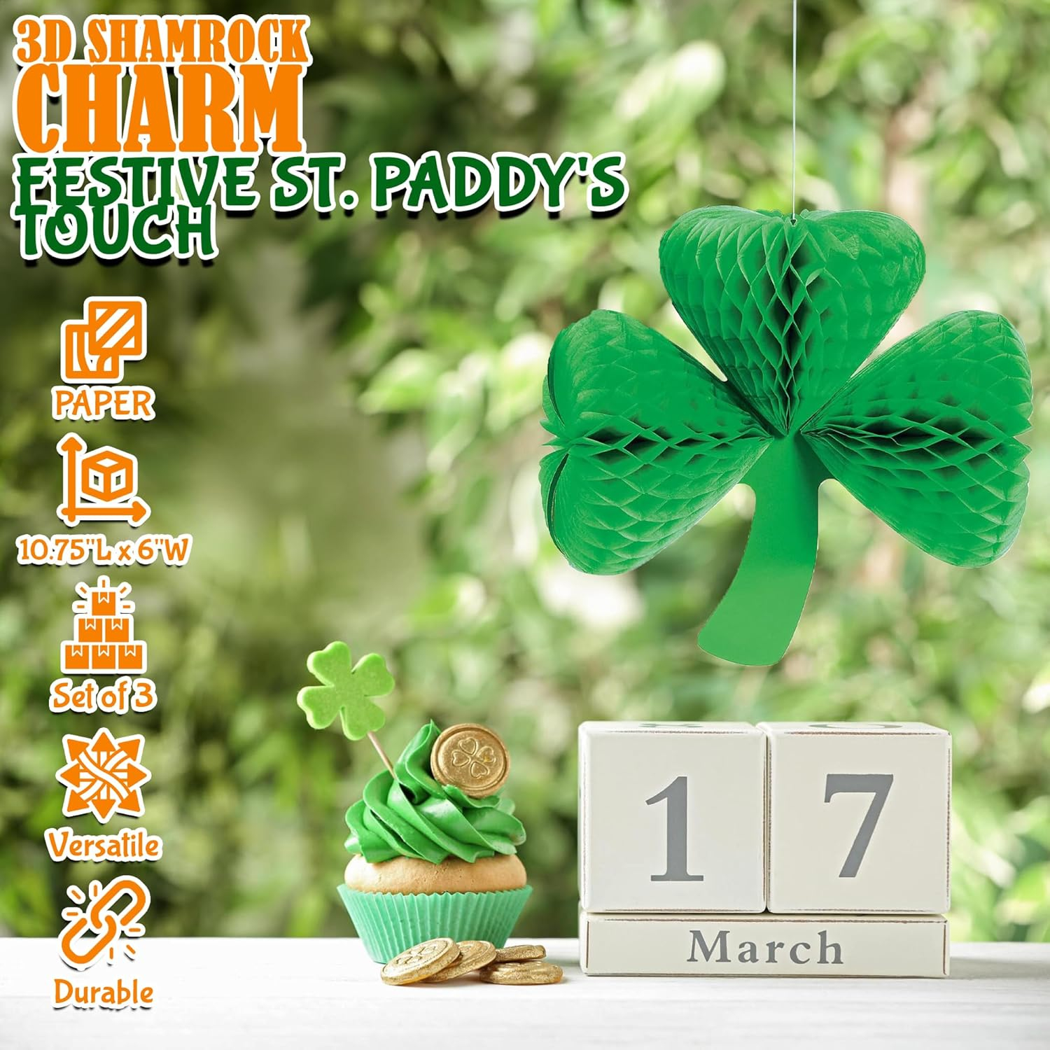 Green Tissue Paper Shamrock Hanging Decorations Set of 3