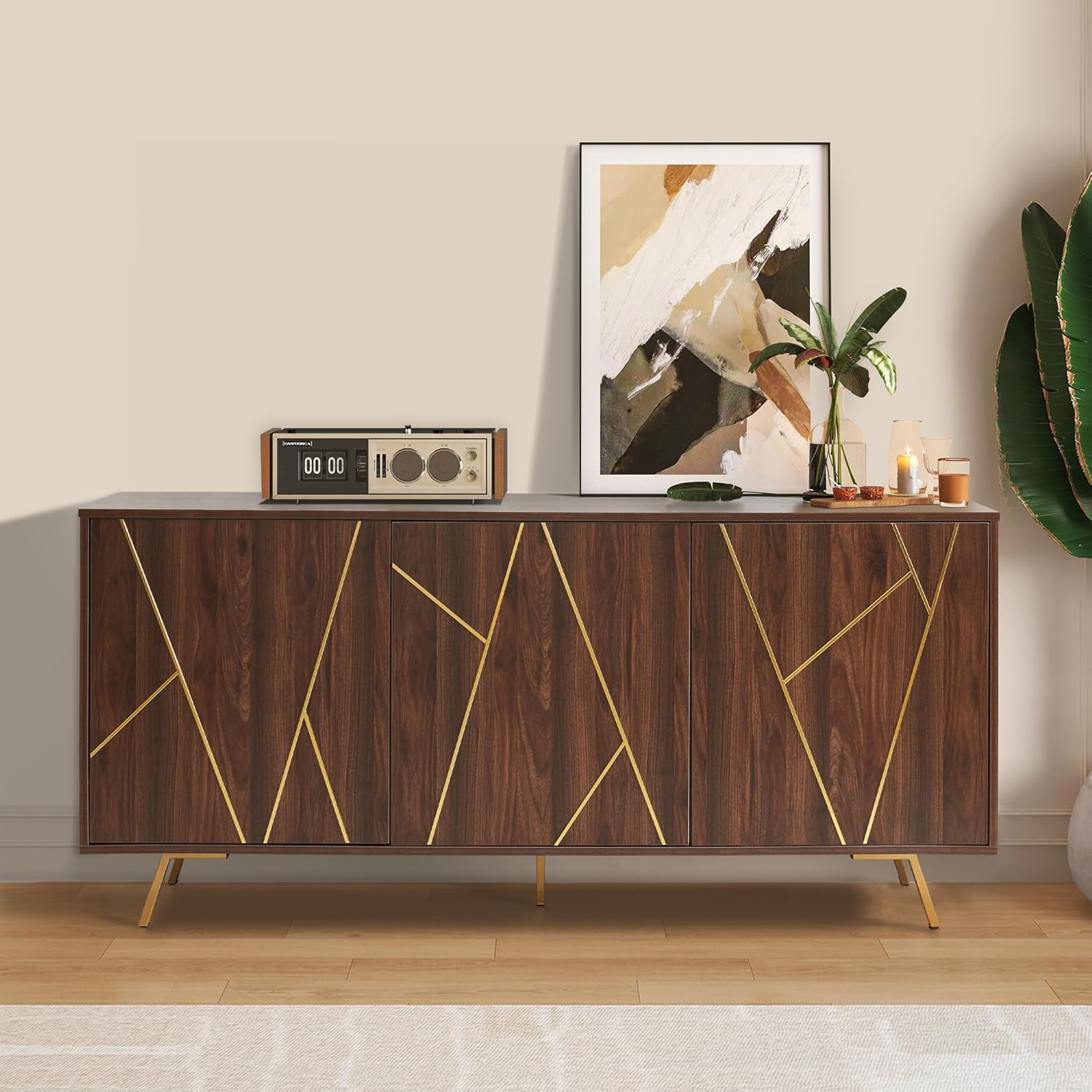 63'' Dark Walnut and Gold Mid Century Modern Sideboard Buffet