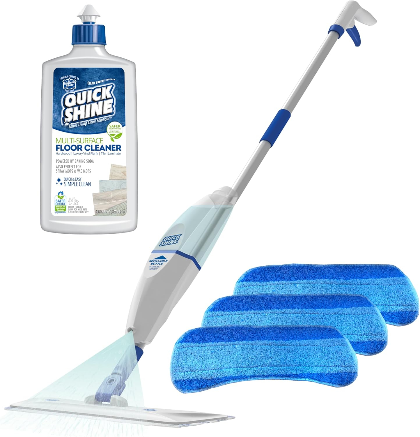 Quick Shine Spray Mop Combo Pack: Includes (1) Multi Surface Spray Mop, (3) Microfiber Pads and (1) 16 oz Multi-Surface Cleaner