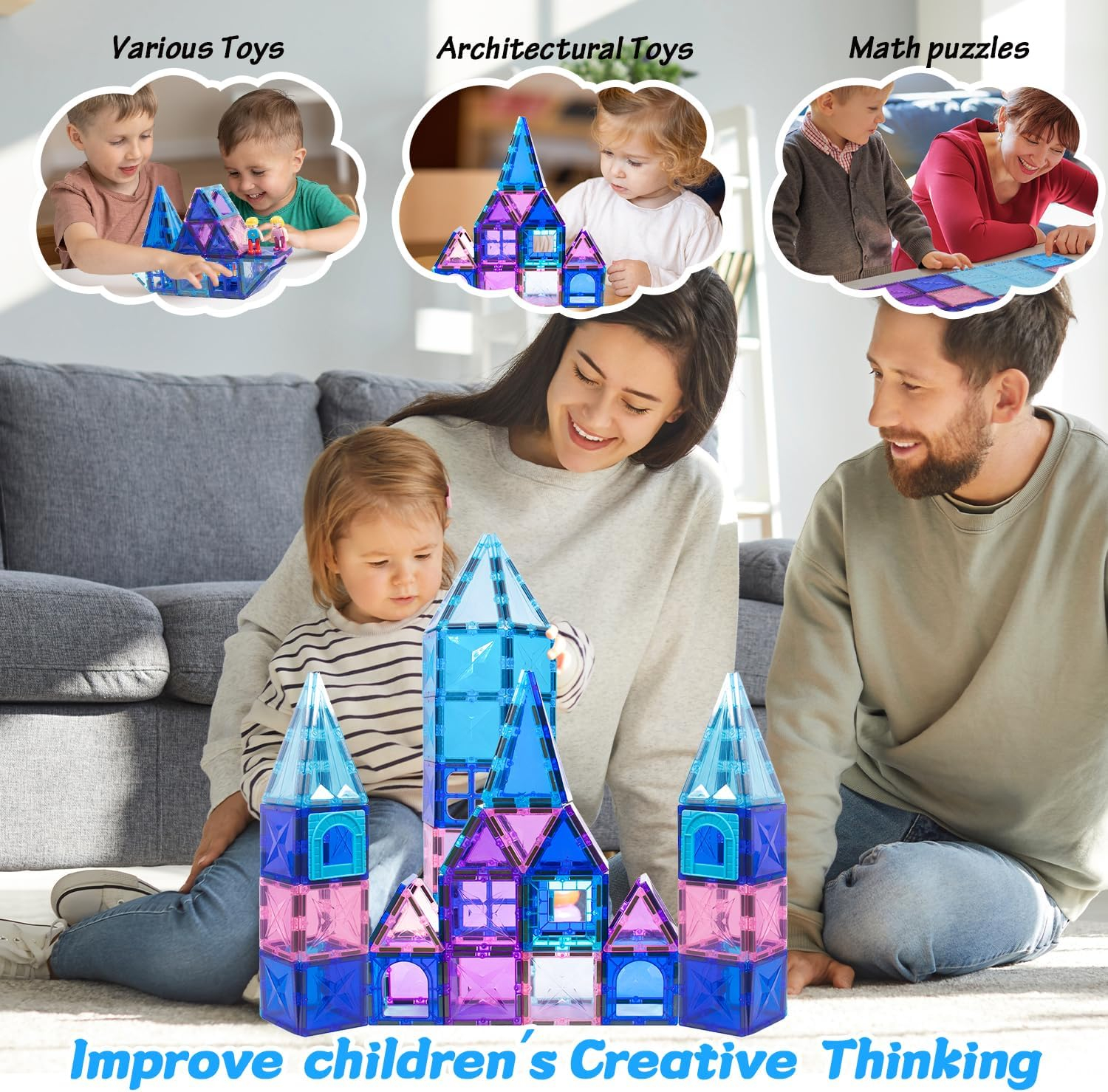 65pcs Frozen Castle Magnet Tiles Building Blocks - 3D STEM Educational Magnetic Tiles Building Blocks Toddler Boy Girls Toys Age 4-5 6-8+ for Pretend Play and Birthday