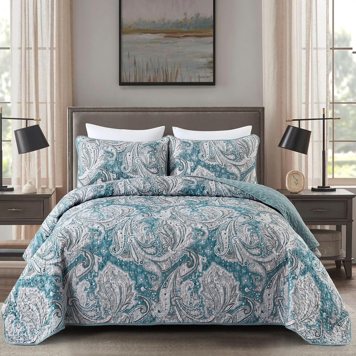 DJY Red Paisley Quilt Set Queen Size Boho Quilt Bedspread Set 3 Pieces, Soft Lightweight Microfiber Coverlet Set Burgundy Paisley Floral Pattern Bedding for All Season, 96''x90''