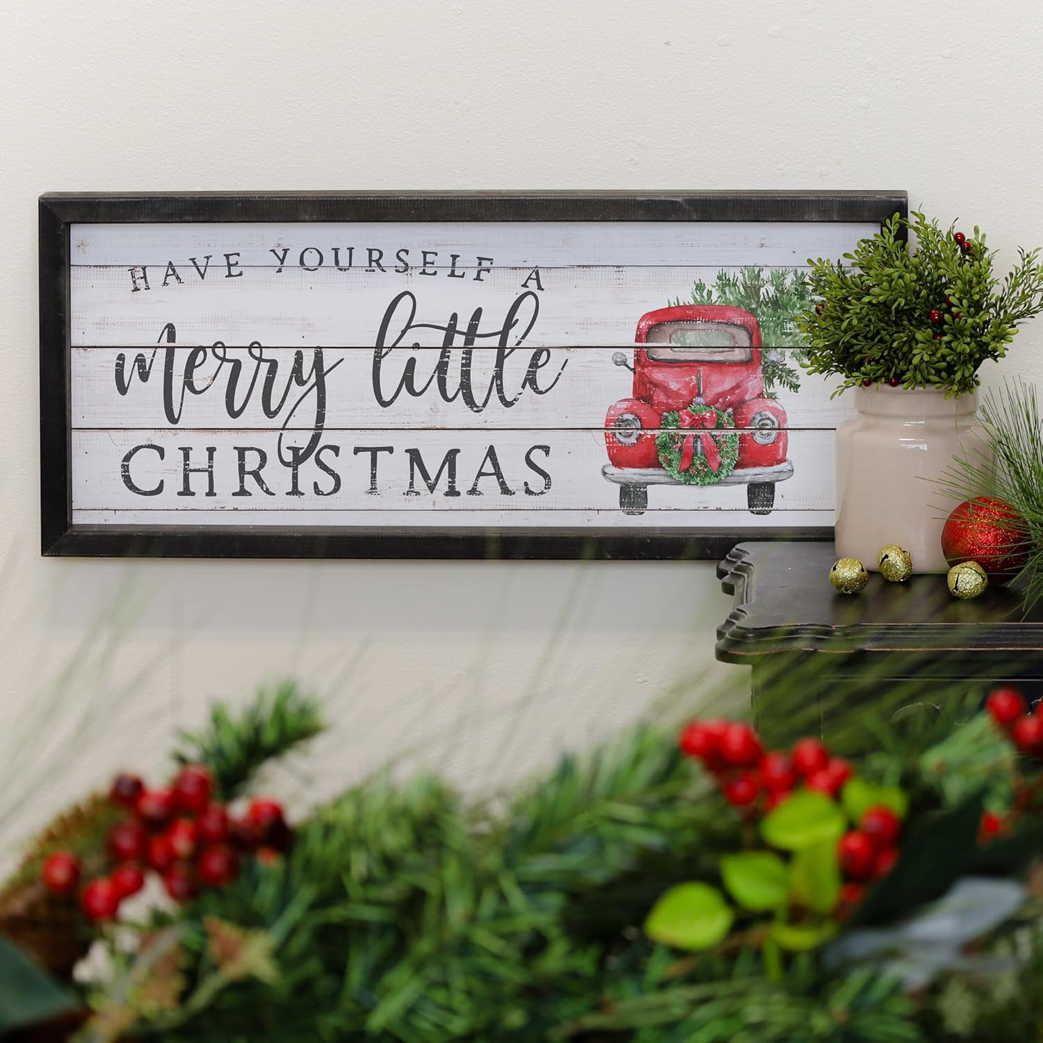 Home Decor Merry Christmas Plaque Wood Red Truck Tree Ff1094