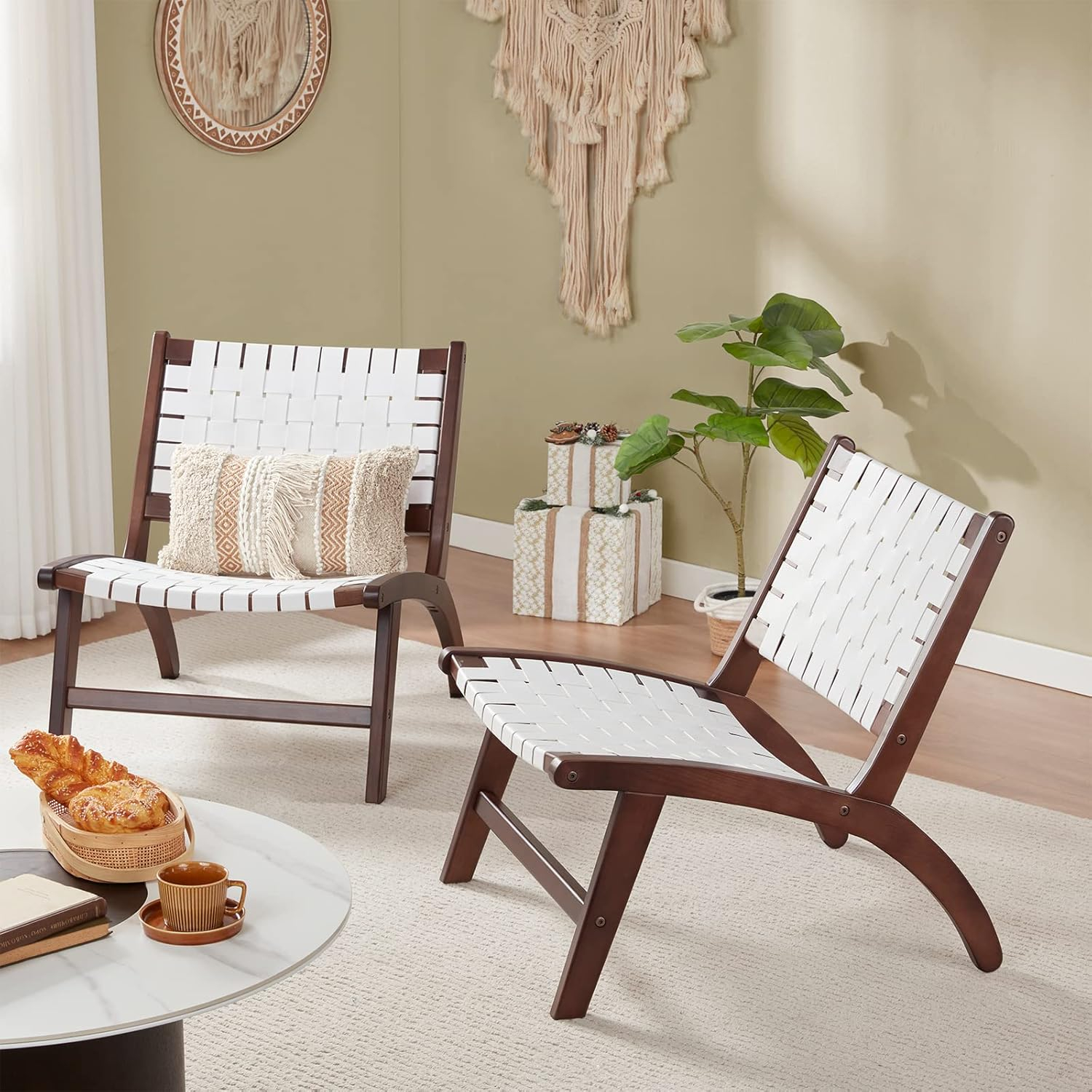 Beech Modern Leather Accent Chairs for Living Room,Mid Century Lounge Chair,Side Brown Leather Chair Indoor Boho Scandinavian Cognac Woven Rattan Faux Leather Accent Chair