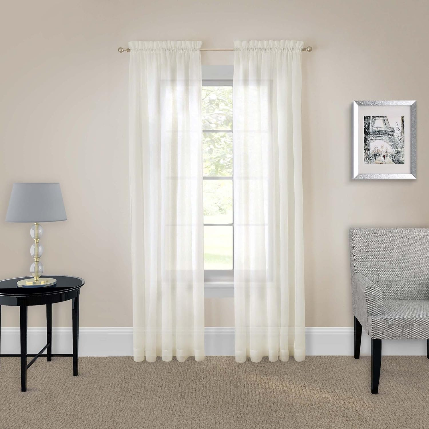 Pairs to Go Victoria Voile Modern Sheer Rod Pocket Window Curtains for Living Room (2 Panels), 59 in x 95 in, Ivory