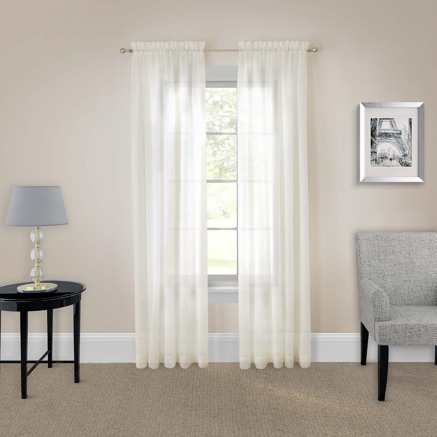 Pairs to Go Victoria Voile Modern Sheer Rod Pocket Window Curtains for Living Room (2 Panels), 59 in x 95 in, Ivory