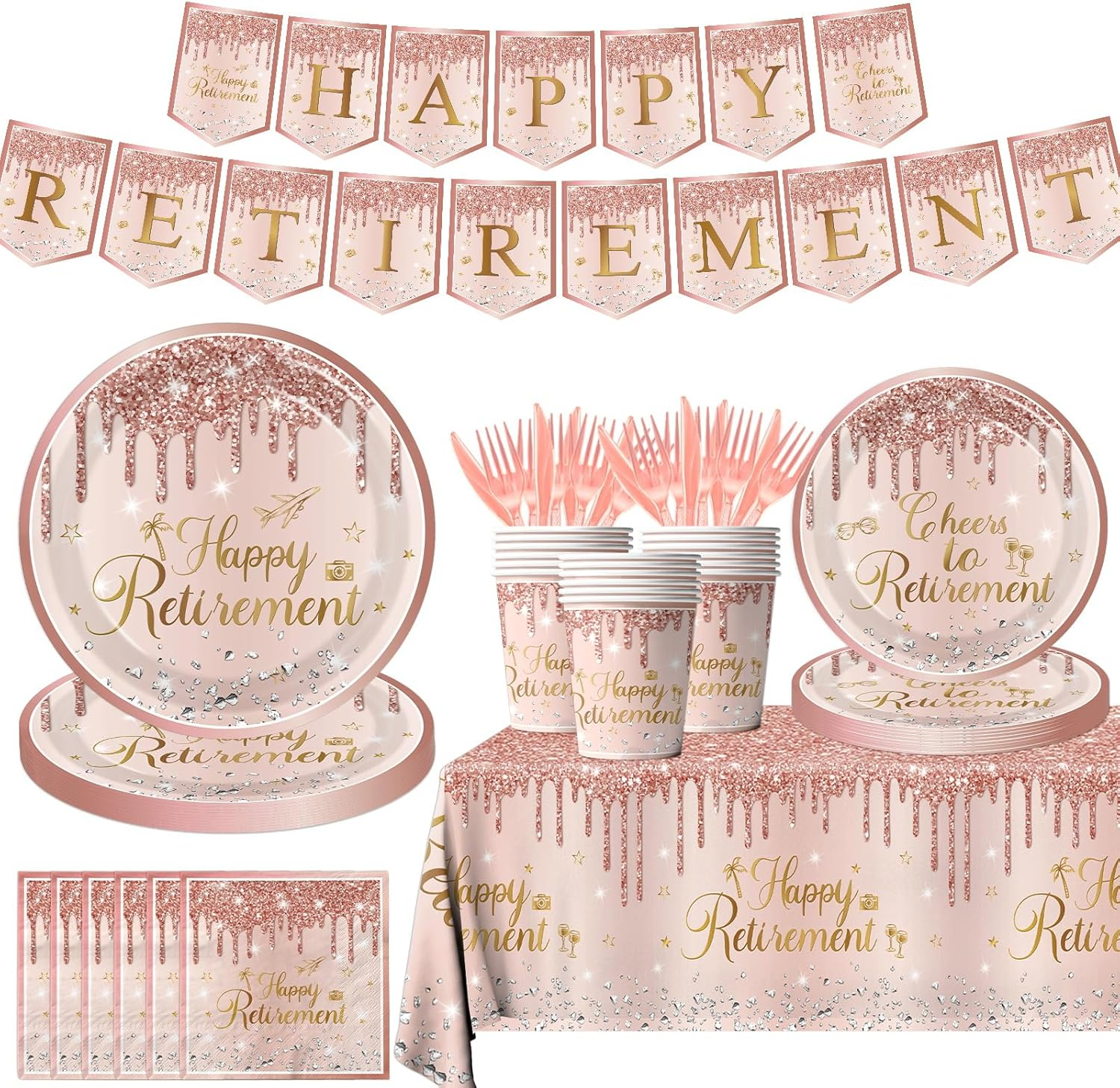 142pcs Rose Gold Retirement Party Decorations for Women, Happy Retirement Disposable Plates Napkins Cups Tablecloth Banner Cutlery for Retired Party Supplies