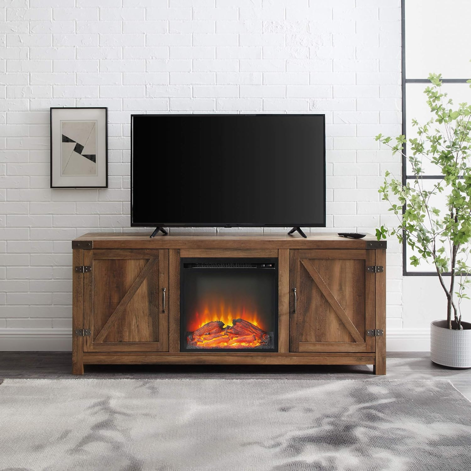 Walker Edison Modern Farmhouse Fireplace TV Stand for TVs up to 65", Reclaimed Barnwood