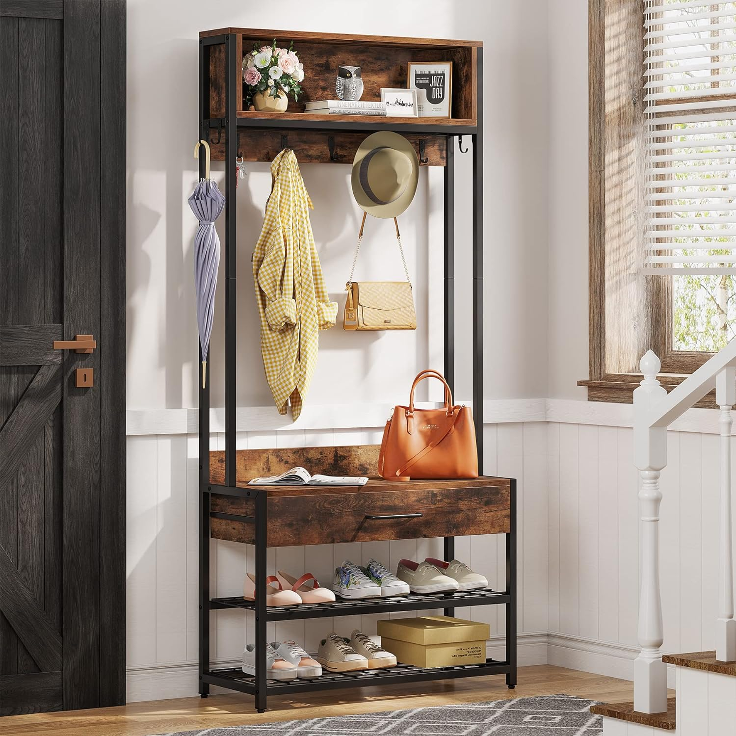 Tribesigns 3-in-1 Entryway Hall Tree with Drawer, Vintage Industrial Coat Rack with Shoe Storage Rack and Hutch for Living Room Bedroom