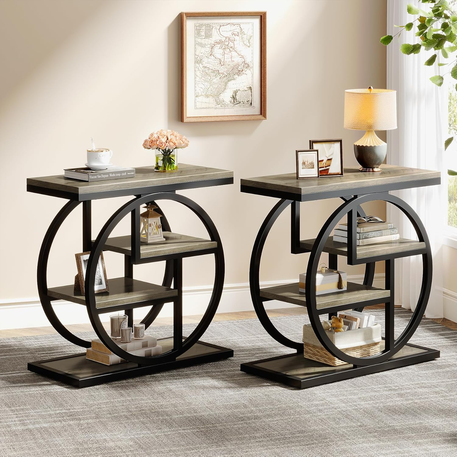 Tribesigns End Table Set of 2, 4-Tier Narrow Side Table with Storage Shelves, Wood Small Sofa Side Table with Geometric Metal Frame, Industrial Bedside Table for Bedroom, Living Room, Grey