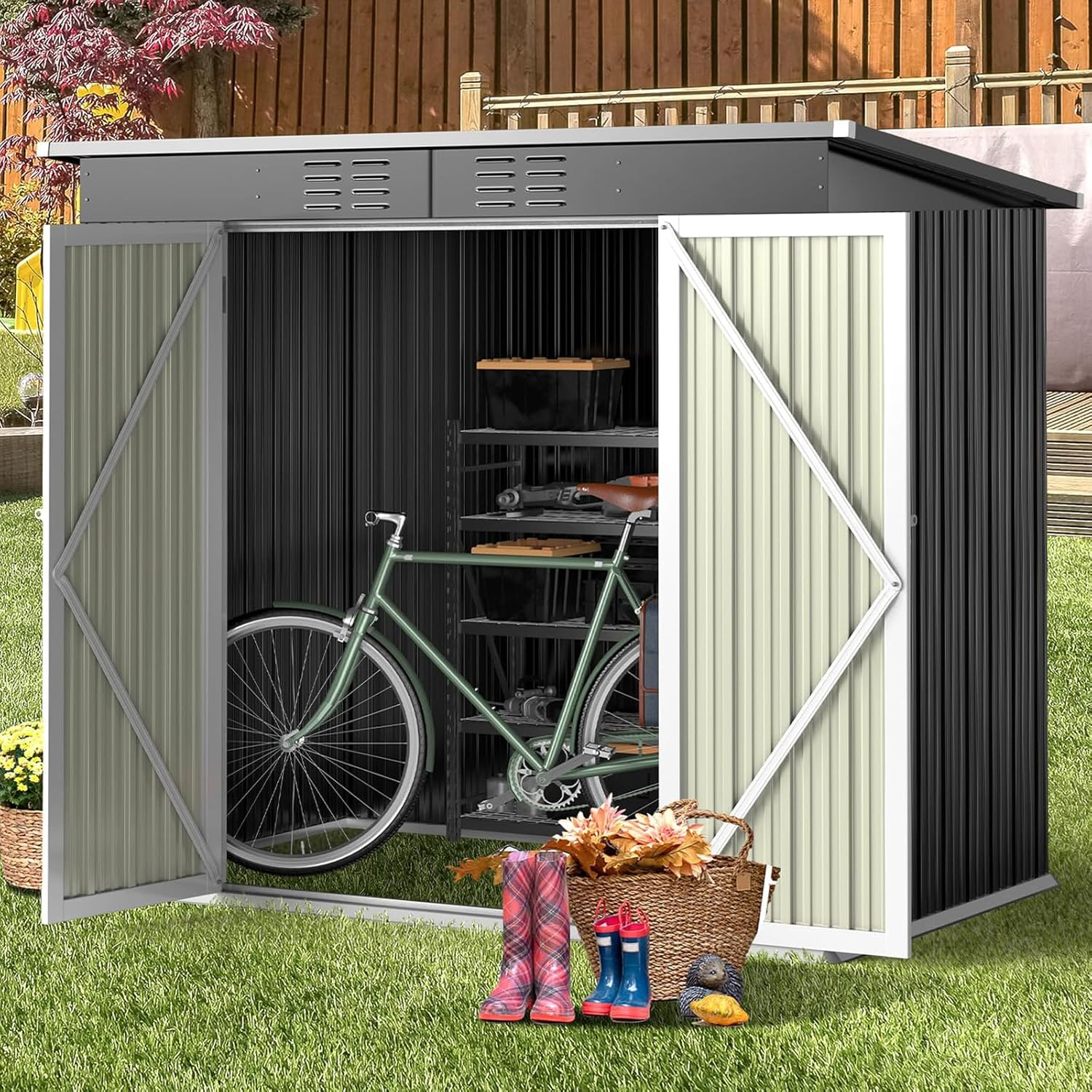Bealife Outdoor Storage Shed Clearance, Metal Outdoor Storage Cabinet, Waterproof Tool Shed, Lockable Backyard Sheds for Garden, Patio and Lawn (Brown, 5' x 3')