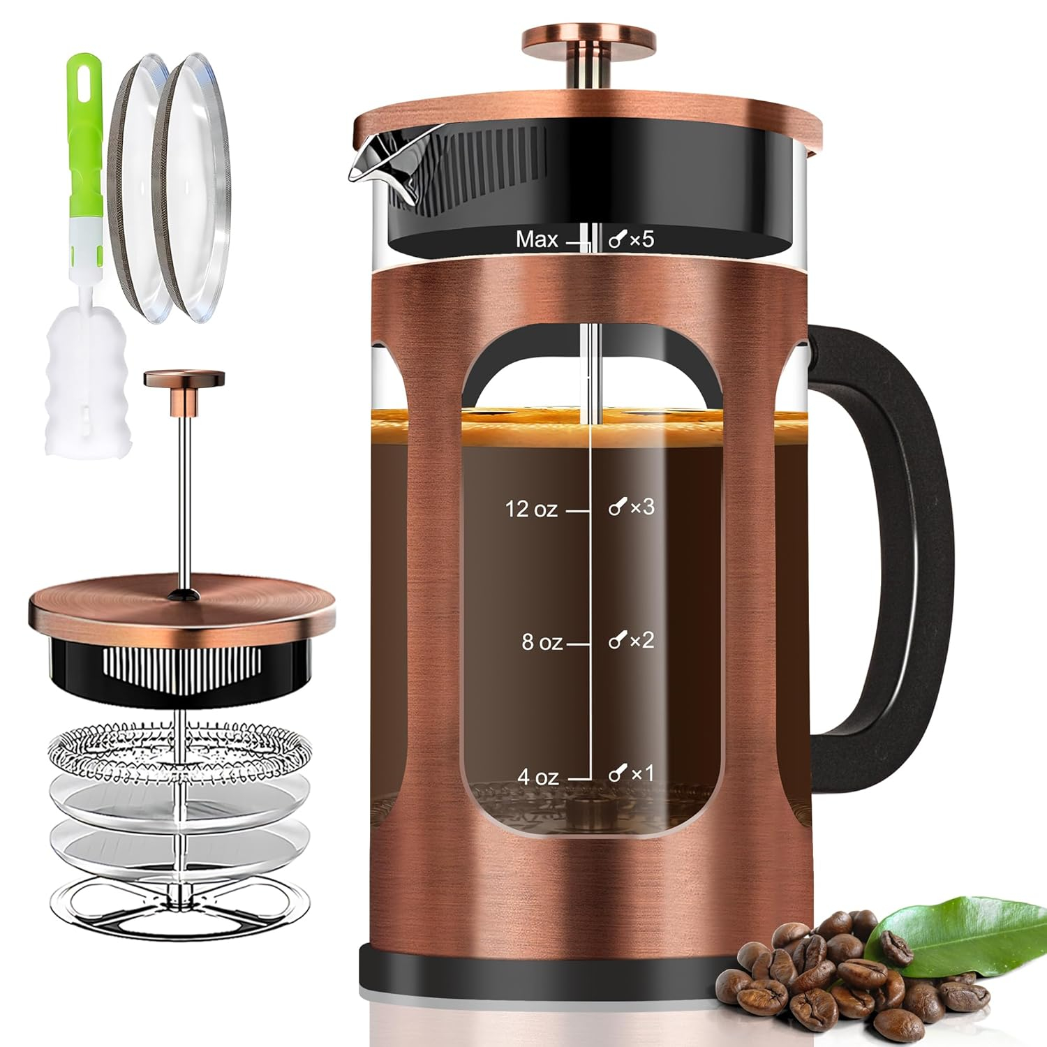 French Press Coffee Maker (21oz 600ML 3-4Cup) Coffee Press, with 4 Filters System, Heat Resistant Thickness Borosilicate Glass, Cold Brew Coffee Tea Pot Gifts (Copper)