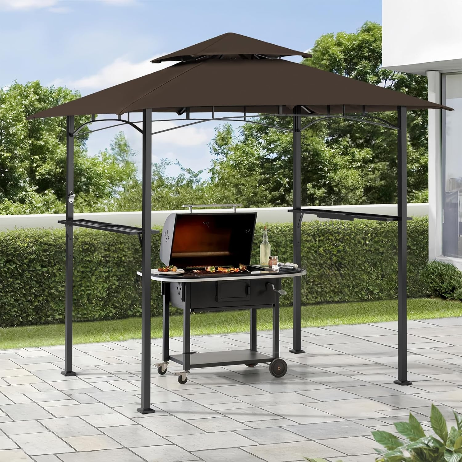 Incbruce 8' X 5' Grill Gazebo Canopy, Outdoor BBQ Gazebo Canopy with Double Tiered Tent Roof Cover & Metal Frame for Patio, Garden, Backyard (Brown)