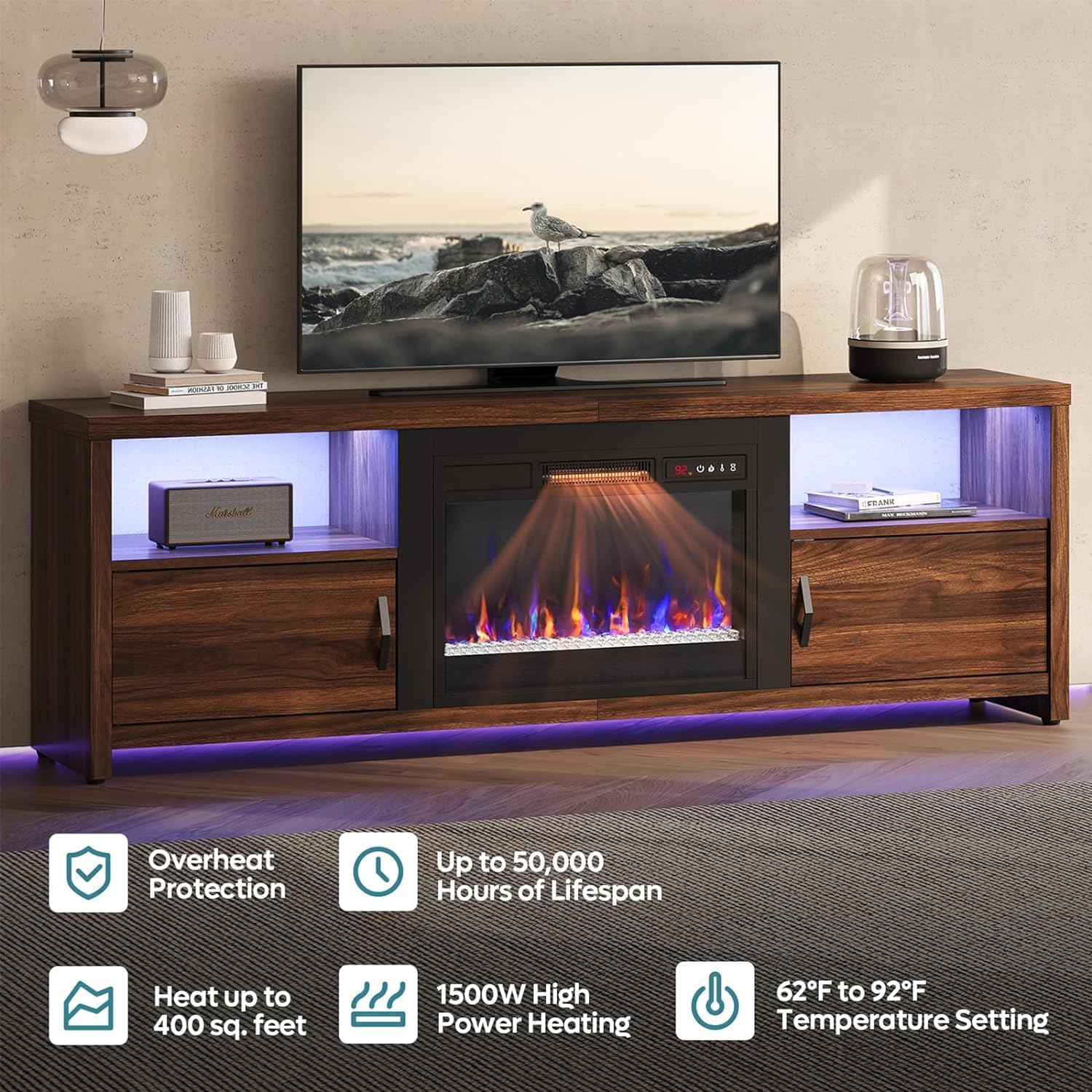 Walnut Electric Fireplace TV Stand with Cabinets for 75" TVs