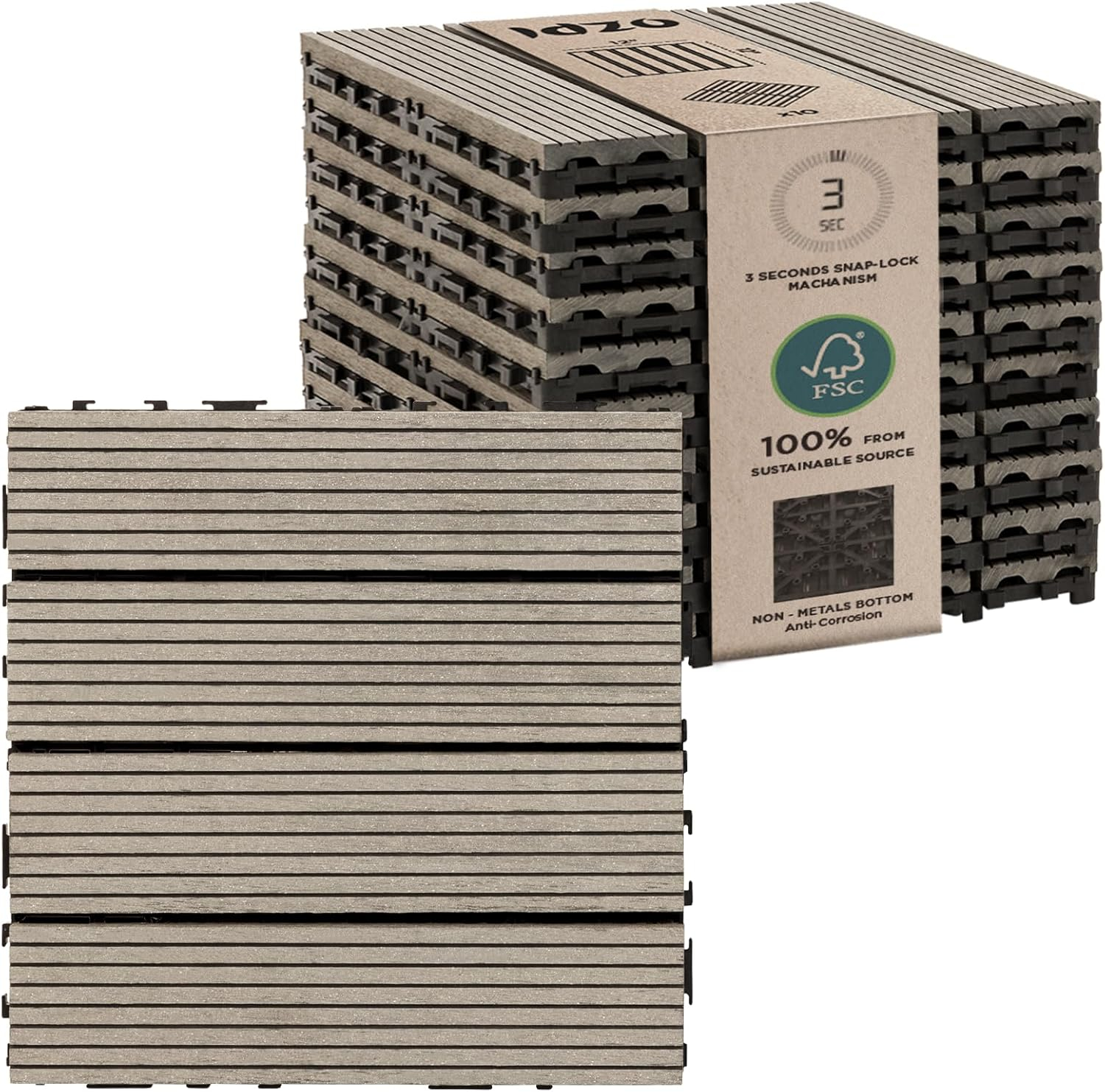 IDZO Wood Plastic Composite Deck Tiles Set of 10, Sustainable FSC Composite Decking Resist Rust, Water, Weather, Easy to DIY & Maintain, Ideal for Patios, Balconies, Rooftops, Decks - Grey