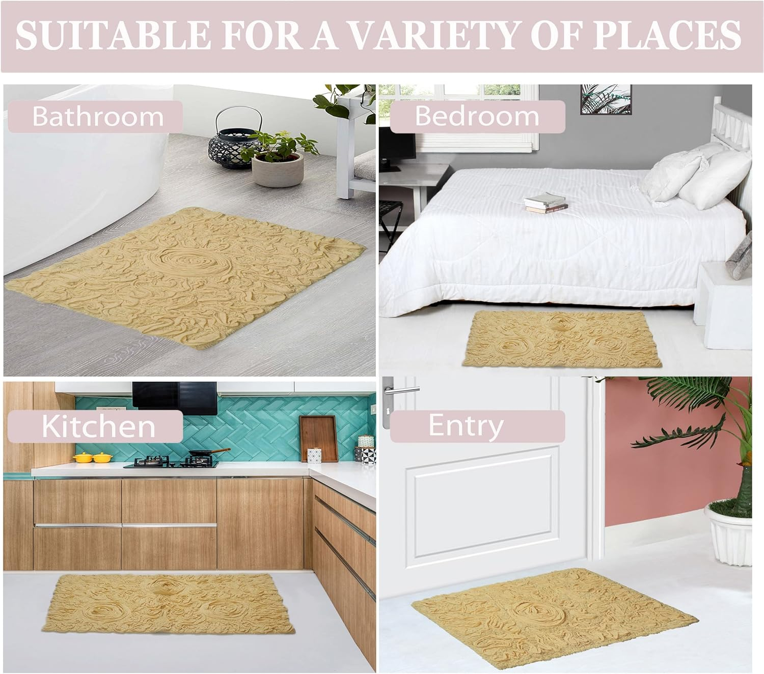 Yellow Cotton Tufted Bath Rug Set with Floral Design