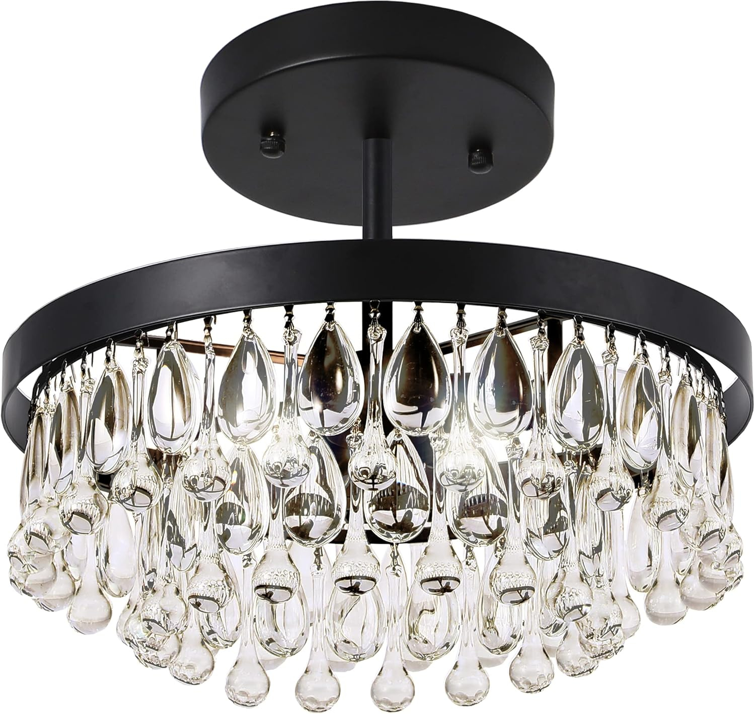 SEOL-Light Vintage Black Crystal Drops Close to Ceiling Light Fixture Round Tiered Chandeliers Large Flush Mount for Bedroom,Kitchen,Hallway,Dimmable,3 Light,120W,E12,15 Dia*6" H;