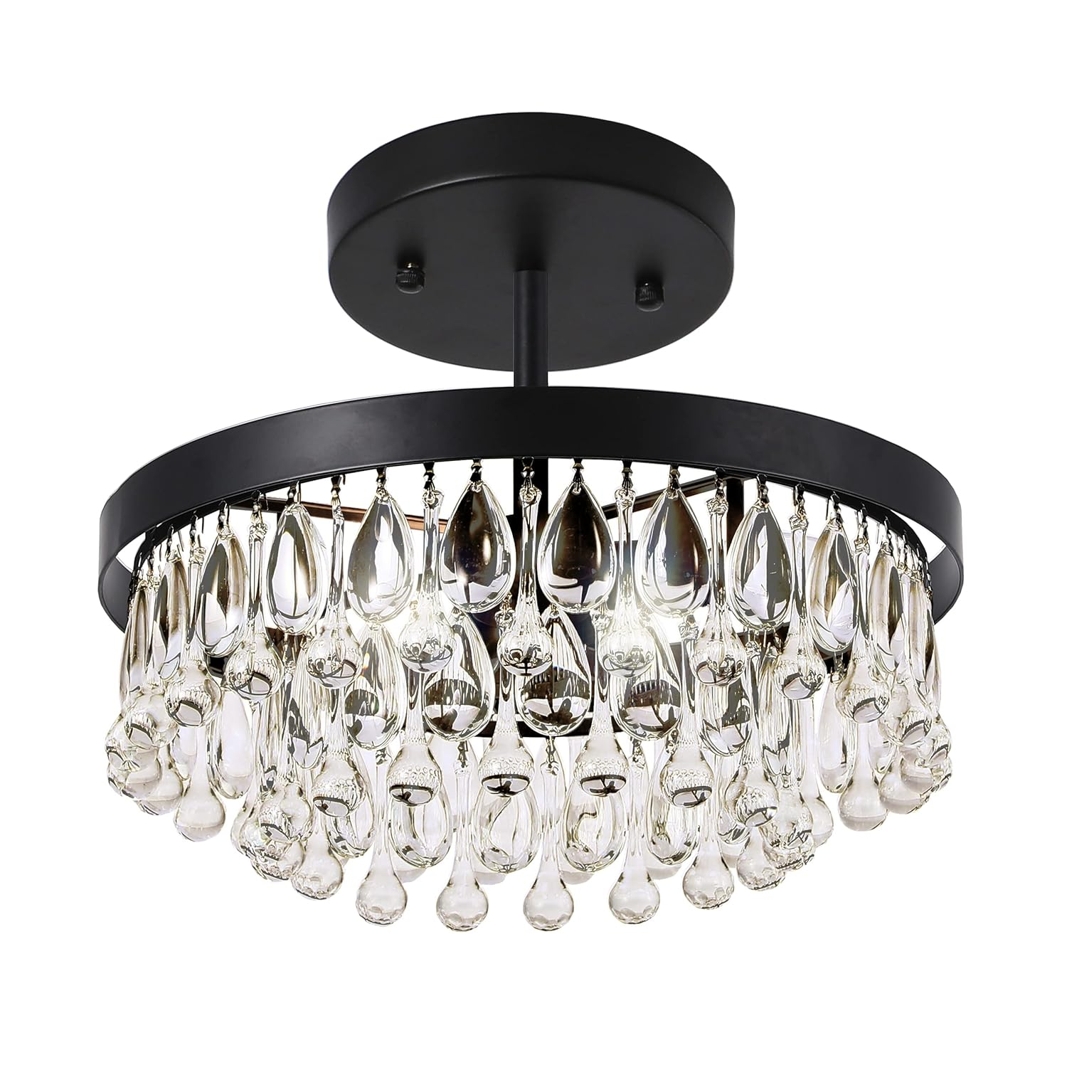 SEOL-Light Vintage Black Crystal Drops Close to Ceiling Light Fixture Round Tiered Chandeliers Large Flush Mount for Bedroom,Kitchen,Hallway,Dimmable,3 Light,120W,E12,15 Dia*6" H;