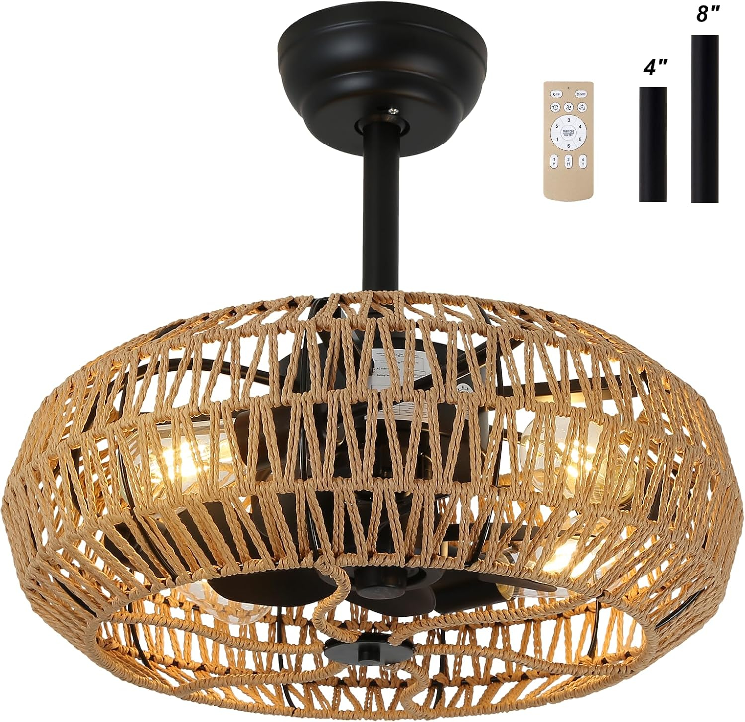 20'' Boho Rattan Caged Ceiling Fan with Light and Remote, Farmhouse Flush Mount Boho Ceiling Fan Light Low Profile Bladeless Ceiling Fan Timing 6 Speeds Reversible, Brown