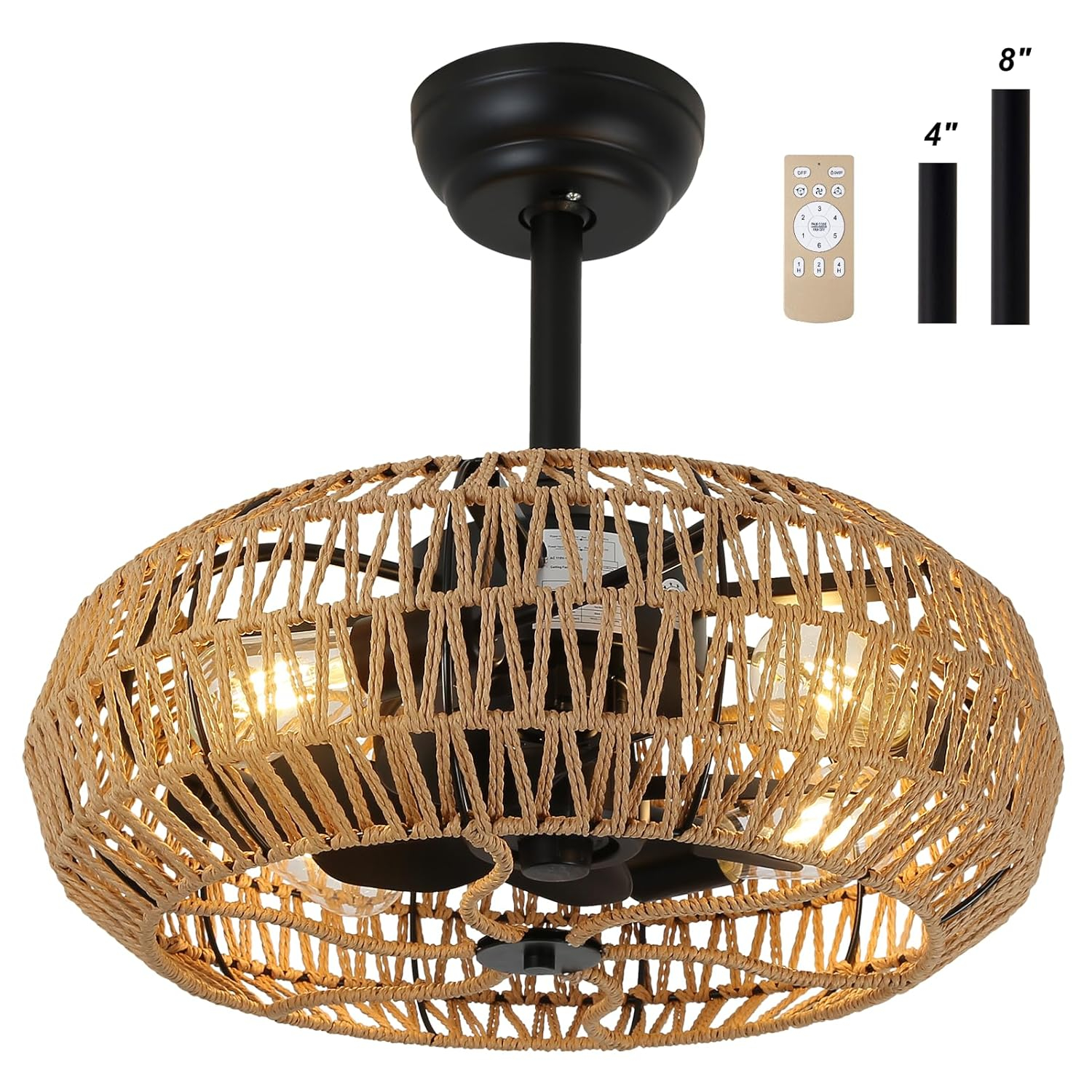 20'' Boho Rattan Caged Ceiling Fan with Light and Remote, Farmhouse Flush Mount Boho Ceiling Fan Light Low Profile Bladeless Ceiling Fan Timing 6 Speeds Reversible, Brown
